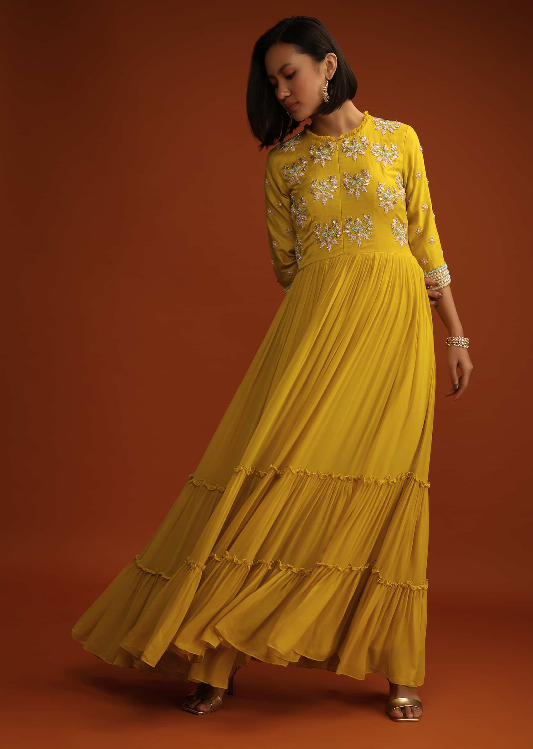 Buy Beautiful Mustard Zari Woven Cotton Readymade Festival Wear Gown - Zeel  Clothing