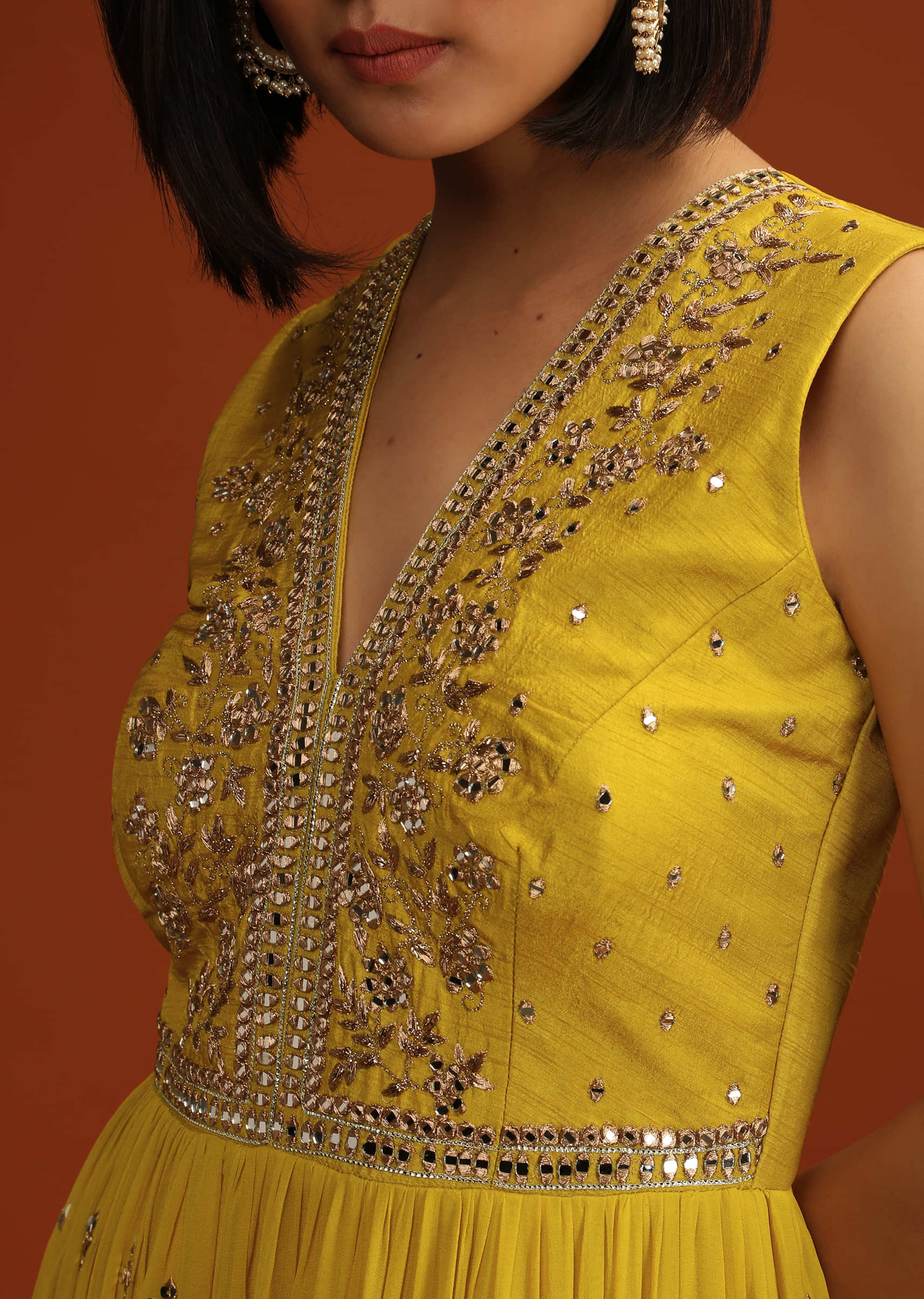 Yellow Jumpsuit In Georgette With Zari And Sequins Embroidered Buttis And Mughal Motifs