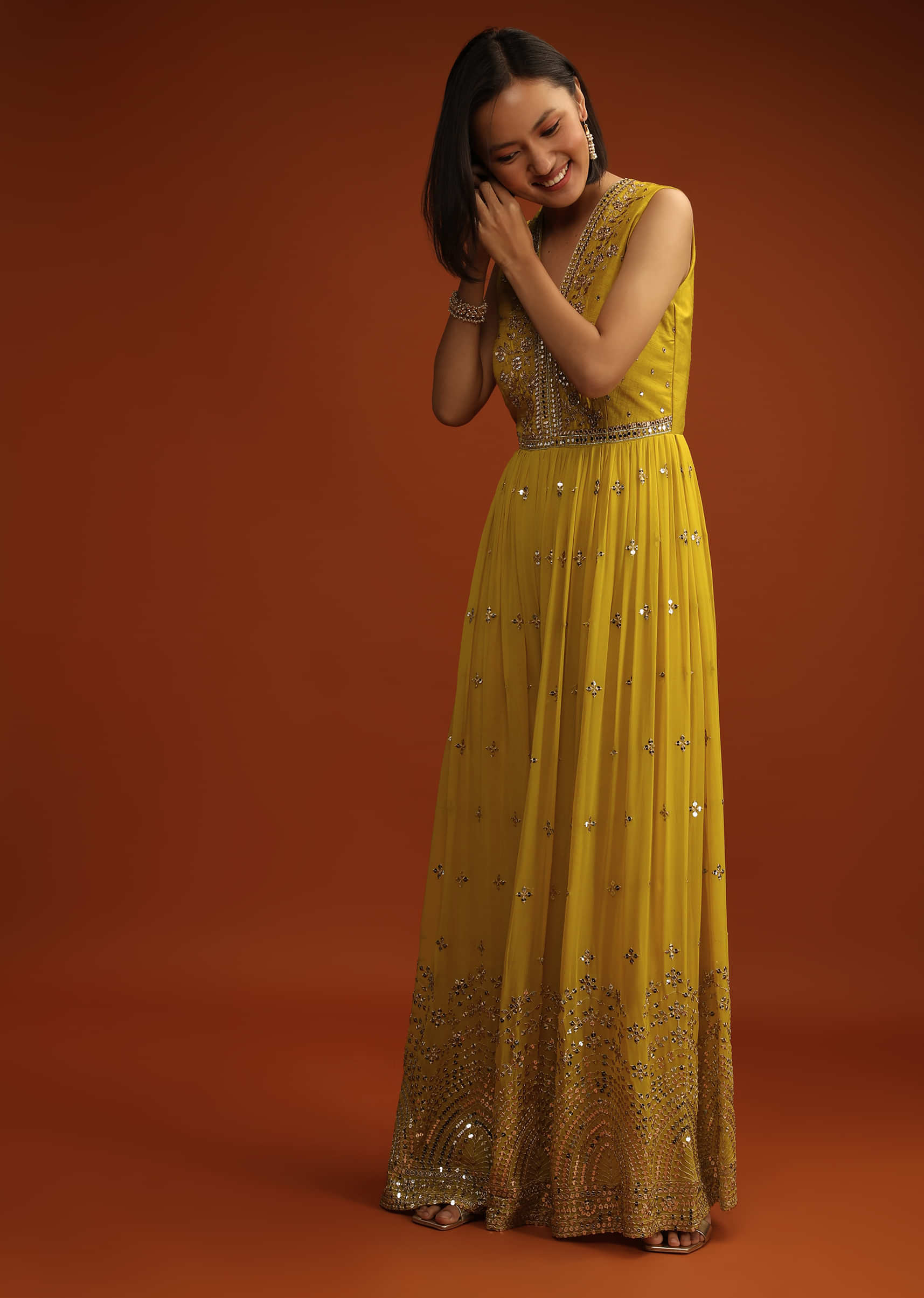 Yellow Jumpsuit In Georgette With Zari And Sequins Embroidered Buttis And Mughal Motifs