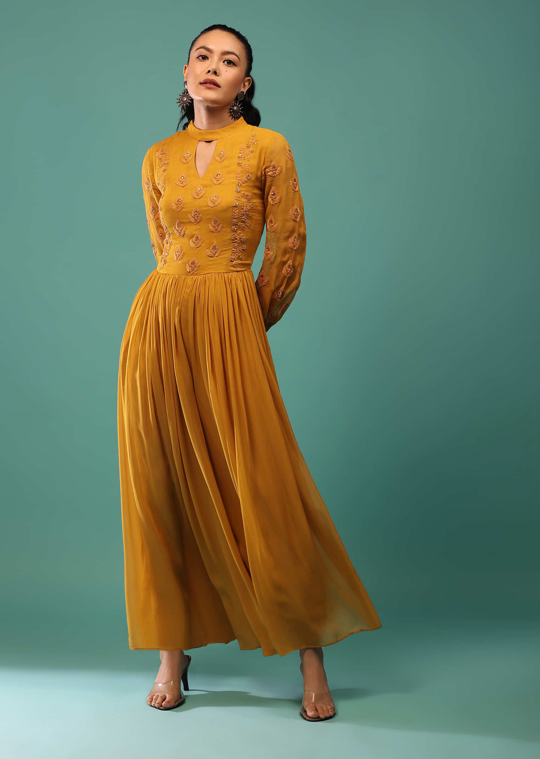 Mustard Yellow Jumpsuit With Sequins And Beads