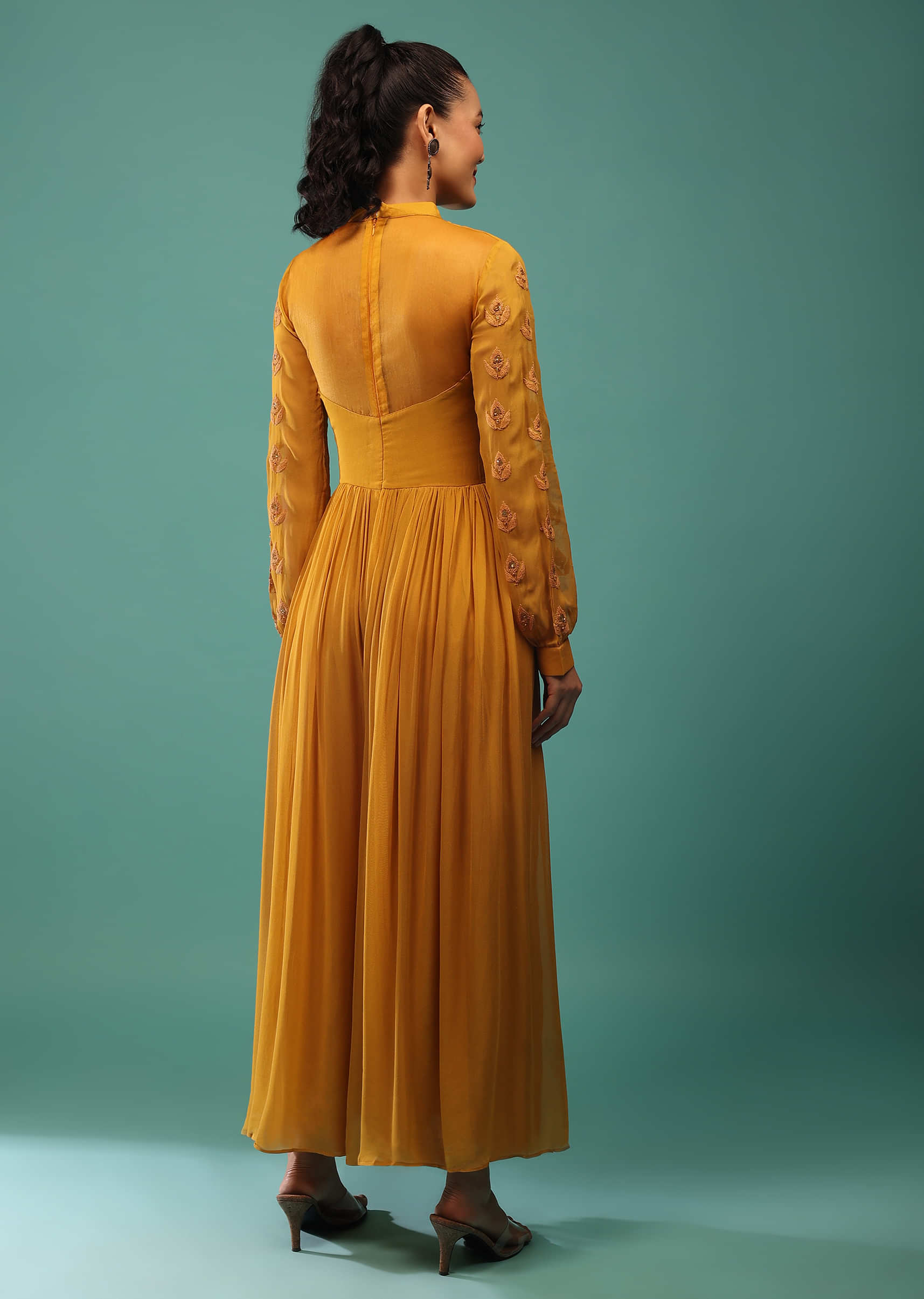 Mustard Yellow Jumpsuit With Sequins And Beads
