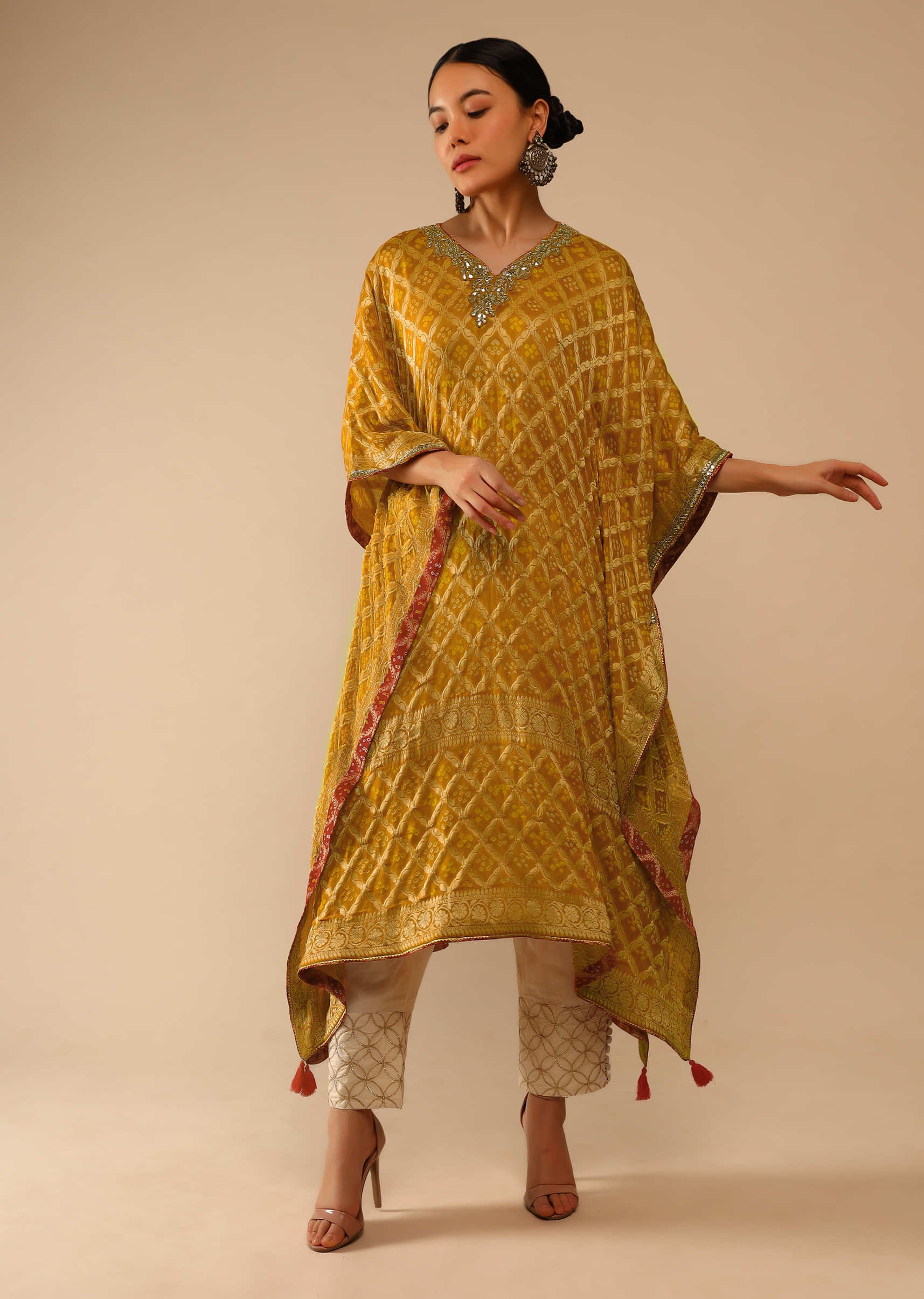 Mustard Yellow Kaftan Suit In Georgette With Bandhani And Woven Moroccan Jaal  