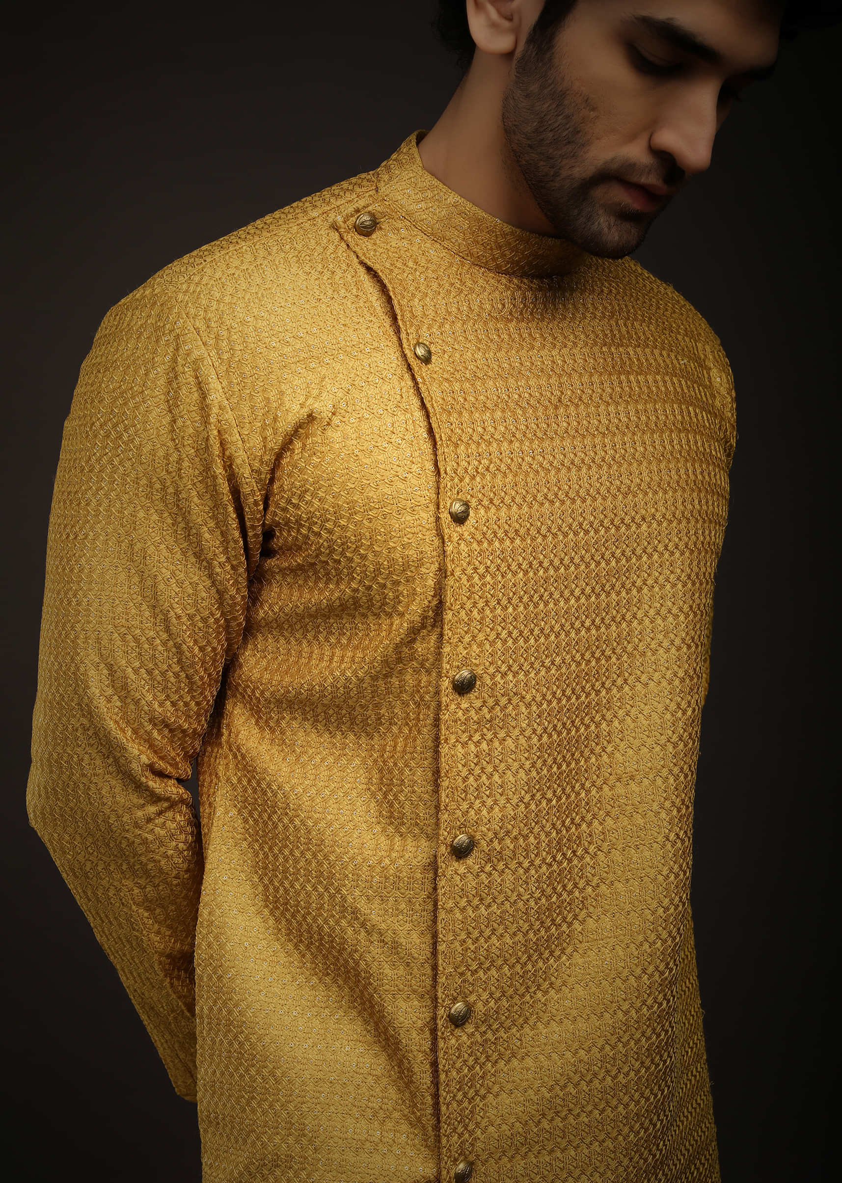 Mustard Yellow Kurta Set With Resham And Sequins Embroidered Jaal And Off Centre Placket