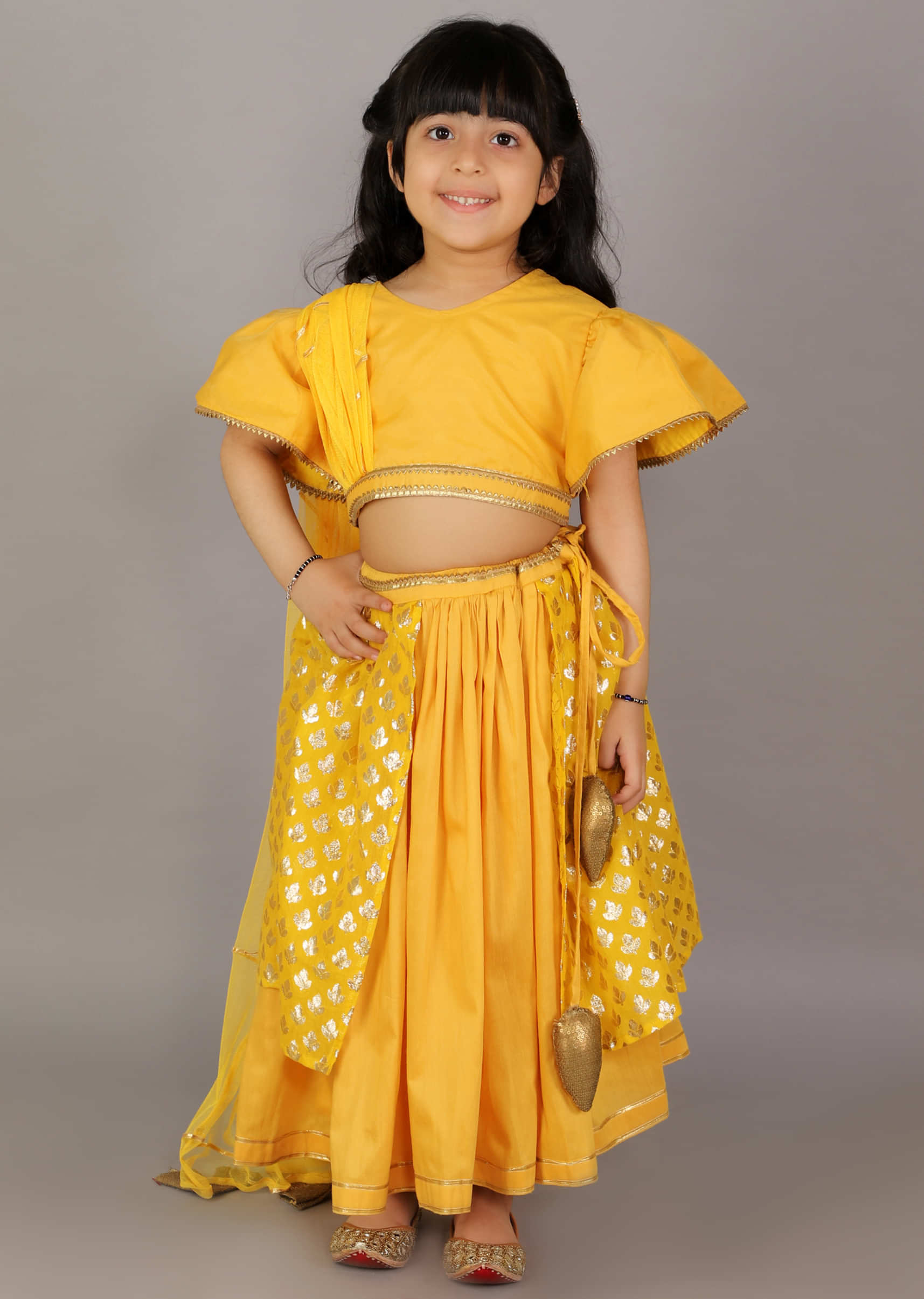 Kalki Girls Mustard Yellow Lehenga And Crop Top With Organza Sleeves And Woven Design