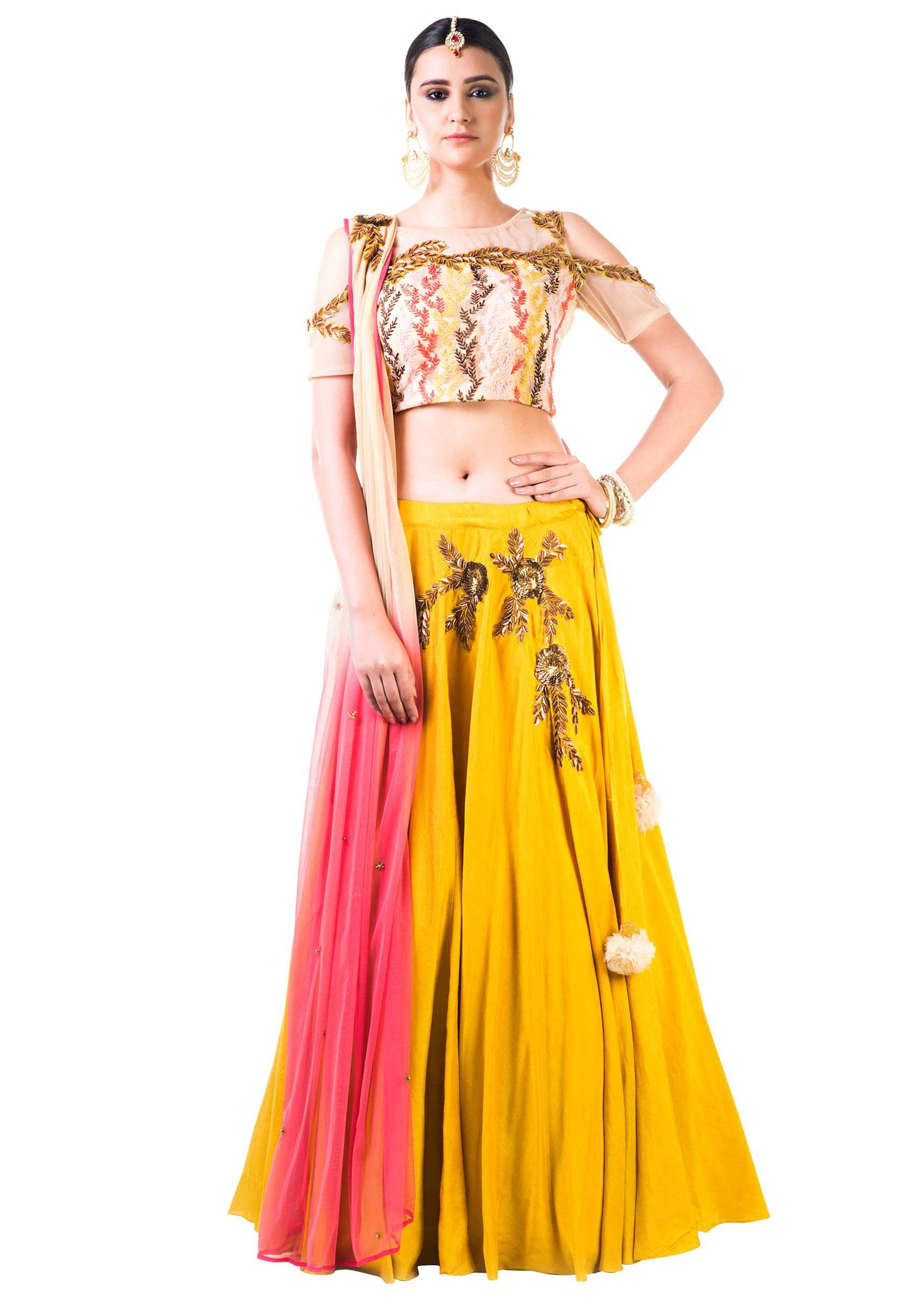 Mustard Yellow Lehenga With An Embroidered Beige Blouse And Shaded Dupatta Online - Kalki Fashion