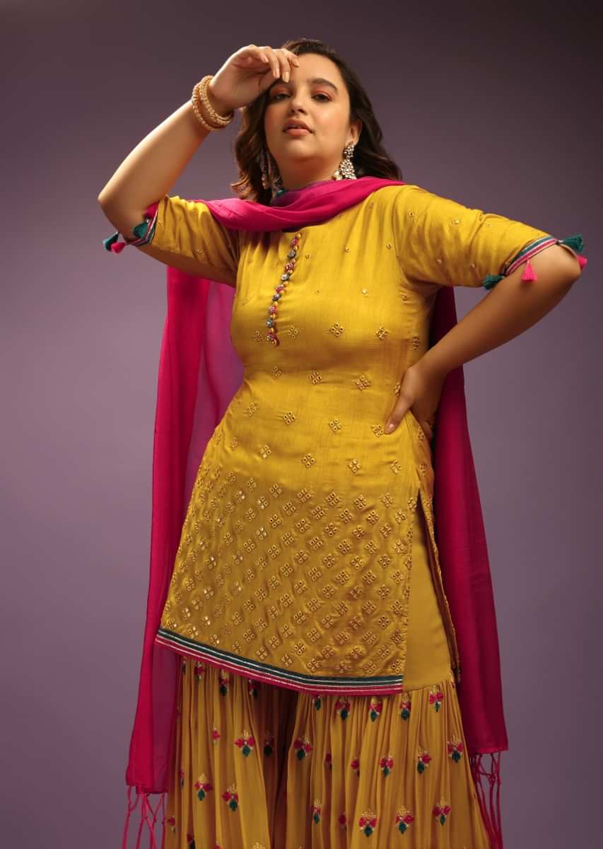Mustard Yellow Palazzo Suit With Mirror Abla Work And Thread Embroidered Buttis