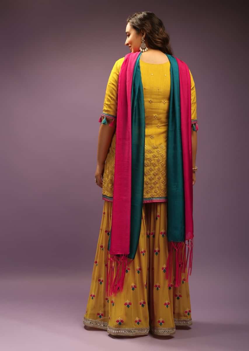 Mustard Yellow Palazzo Suit With Mirror Abla Work And Thread Embroidered Buttis