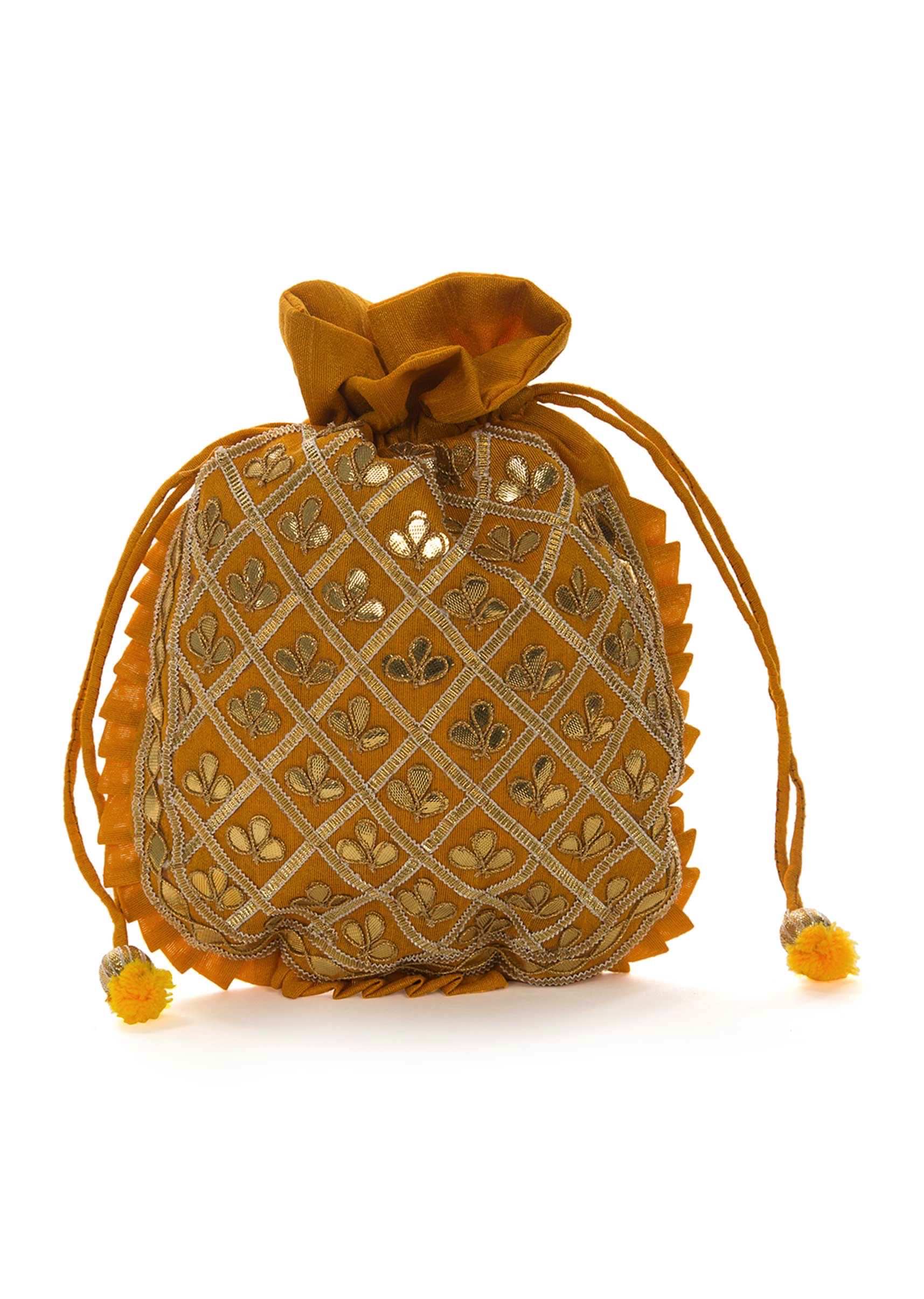 Mustard yellow potli bag beautified in gotta patti embroidered work only on Kalki