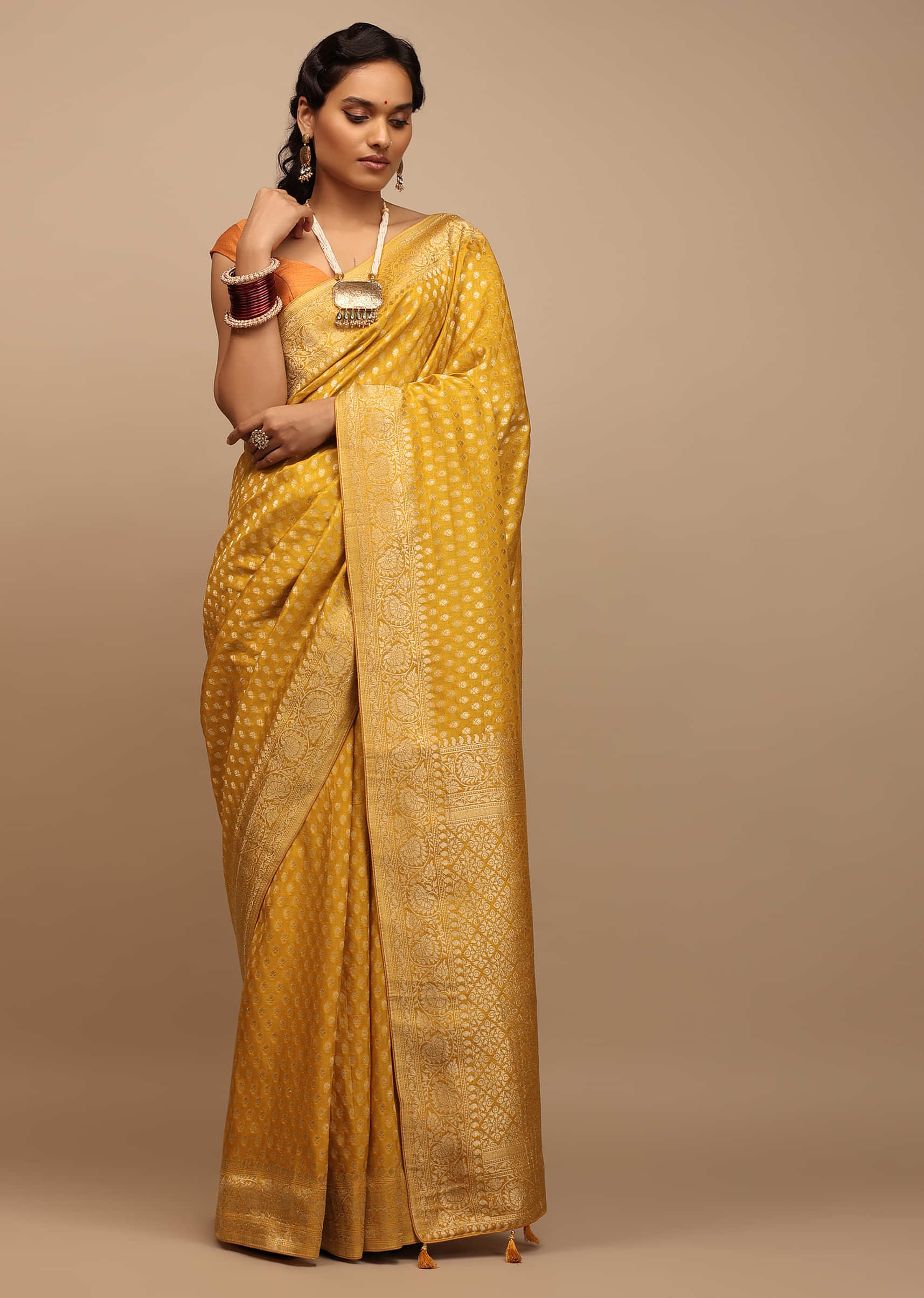 Mustard Yellow Saree In Dola Silk With Woven Buttis And Geometric Moroccan Design On The Pallu