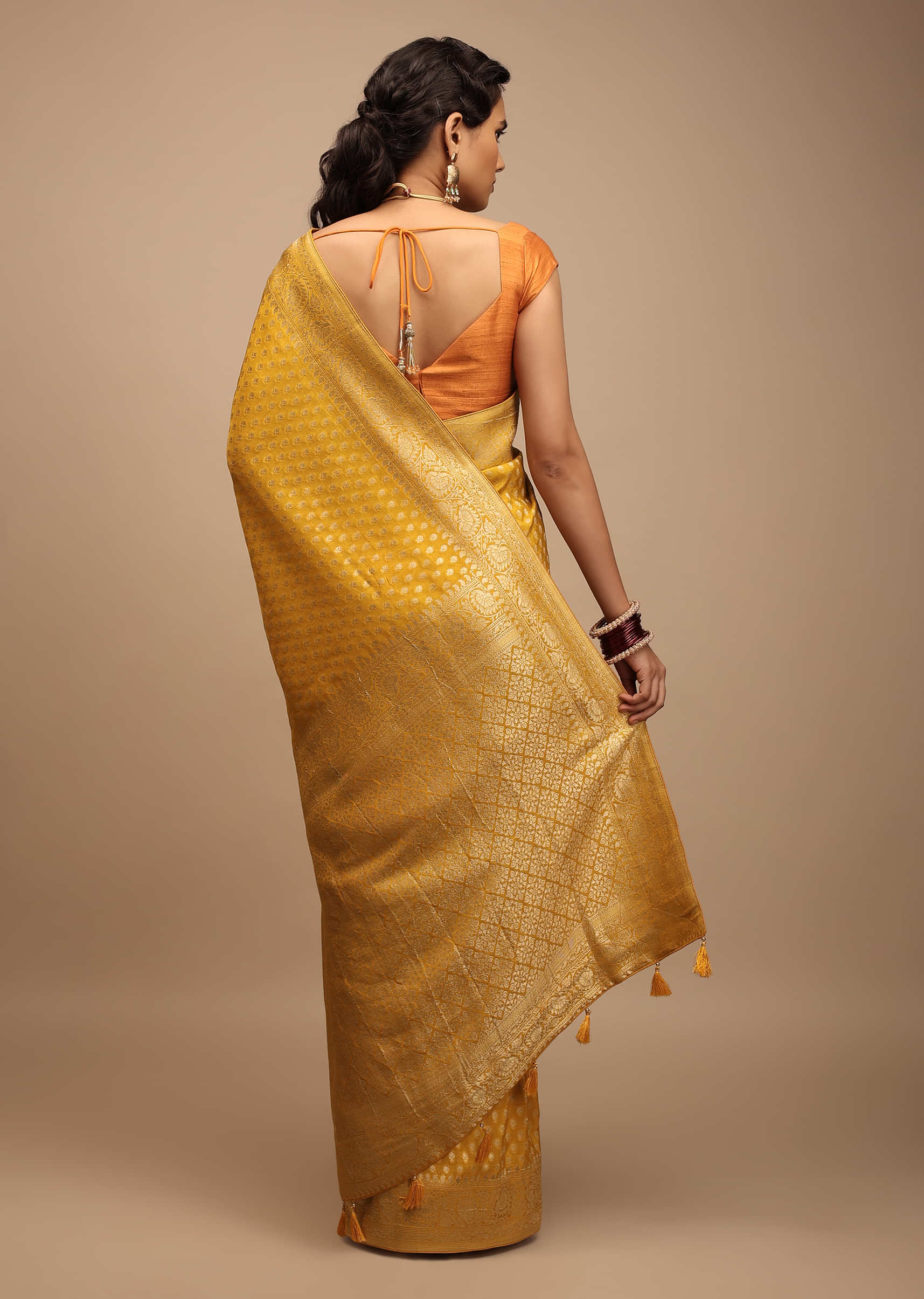 Mustard Yellow Saree In Dola Silk With Woven Buttis And Geometric Moroccan Work On Pallu