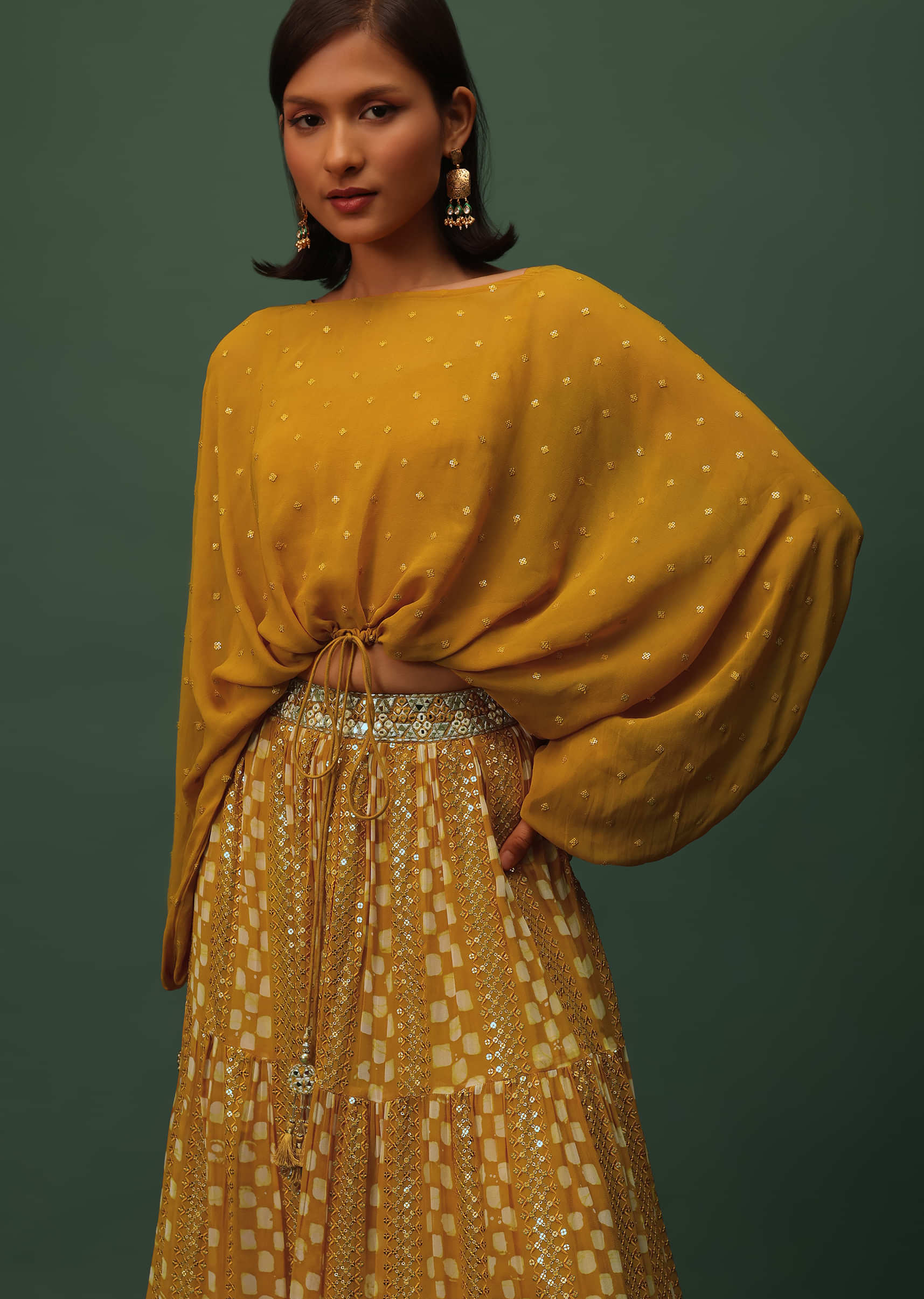 Buy Mustard Yellow Top And Lehenga Set In Georgette With Sequins And ...
