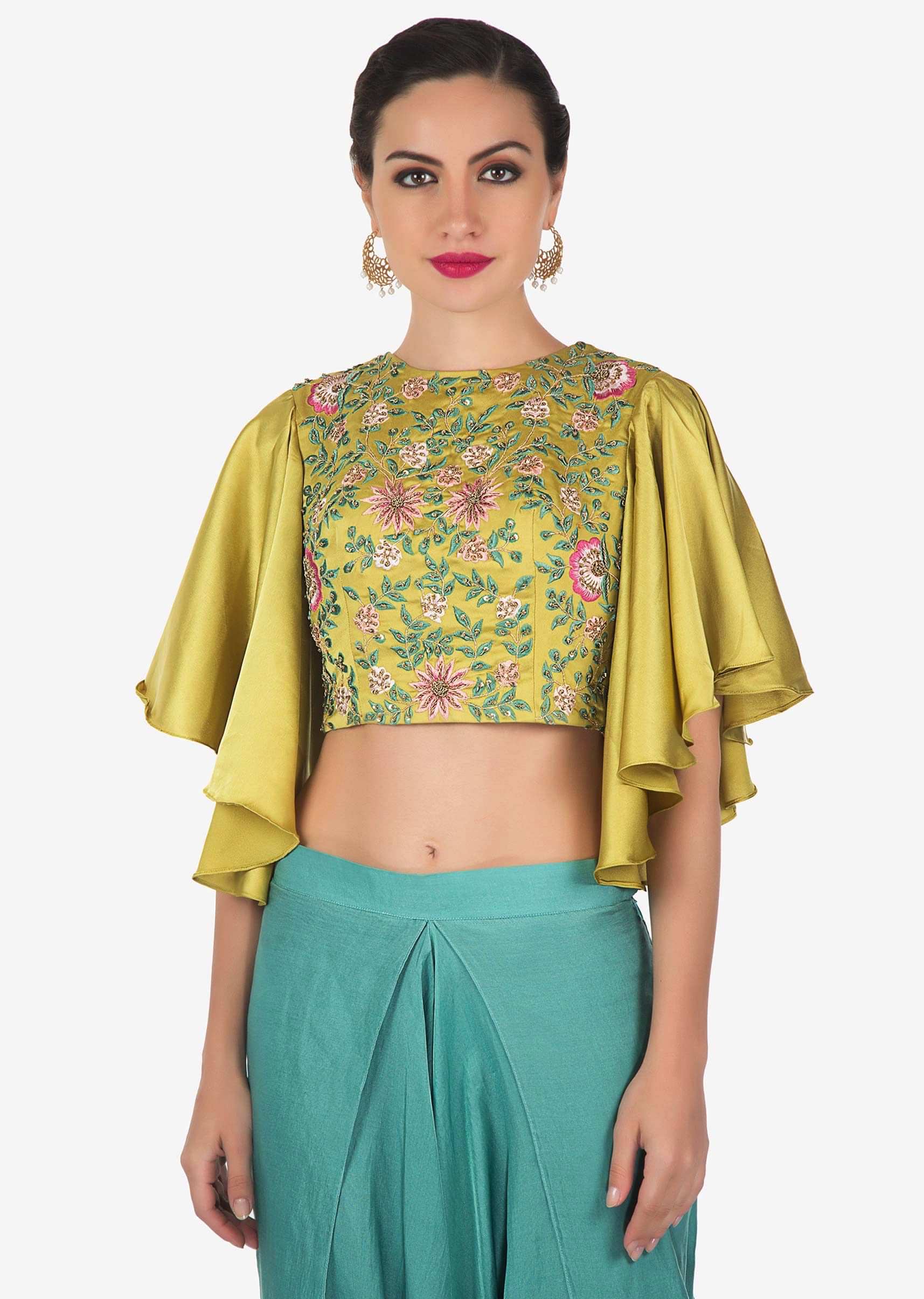 Buy Muted Gold Heavy Satin Top And Blue Mul Cotton Dhoti Pants Set ...