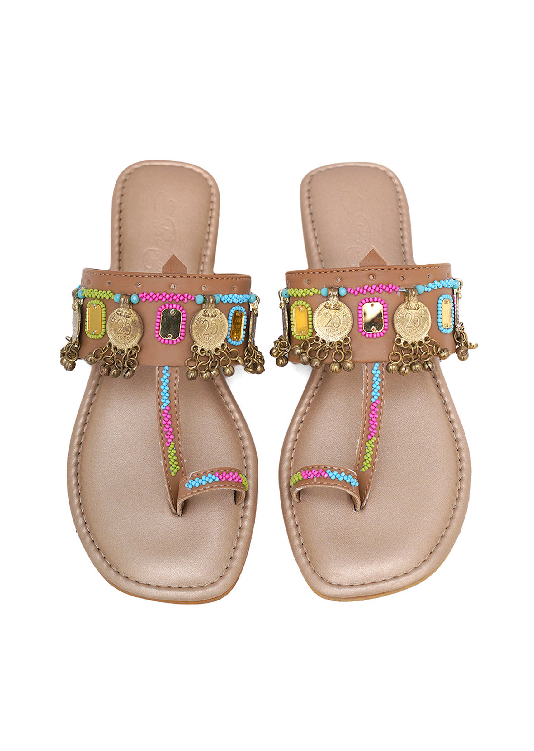 Beige Kolhapuri Flats With Gold Coin And Mirror Embroidery