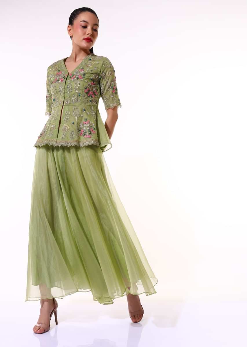 Green Palazzo Suit In Organza With A Matching Peplum Top Adorned In Zari And Thread Embroidery  