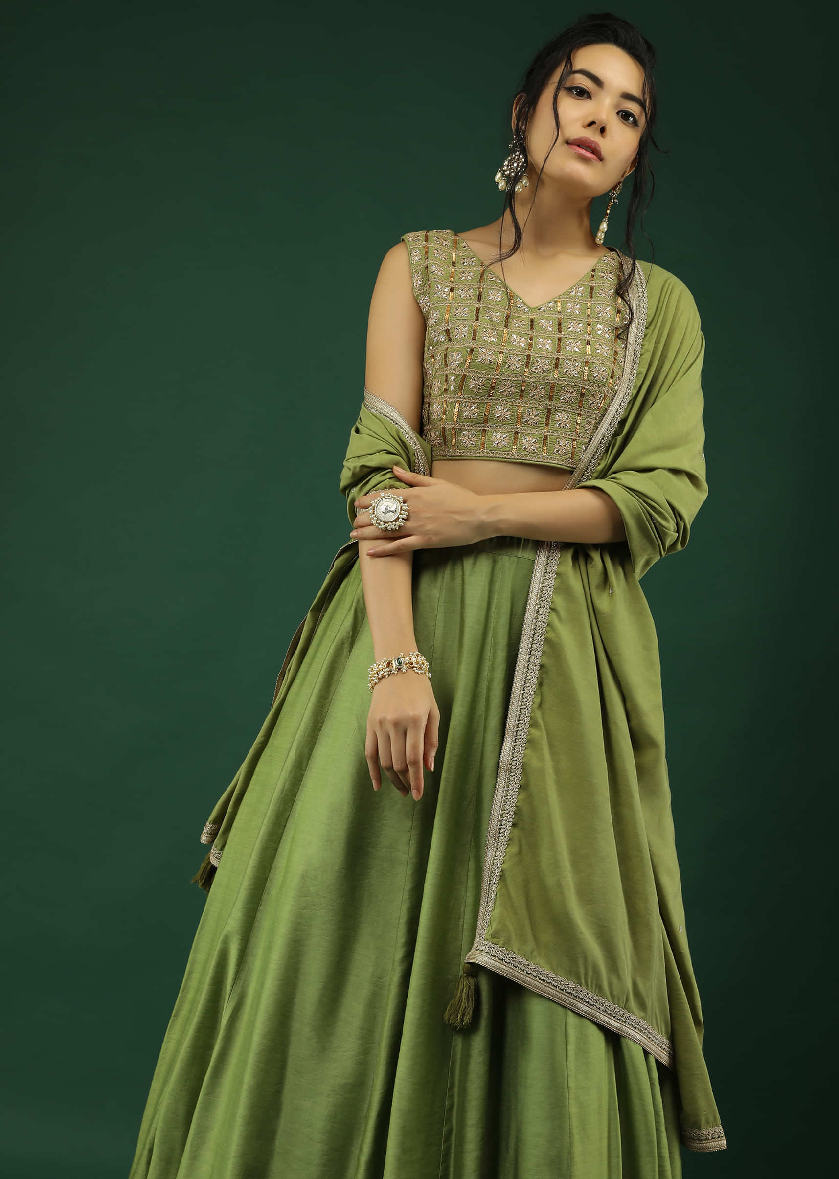 Nature Green Skirt And Crop Top Set With Zari And Sequins Embroidered Checks Design 