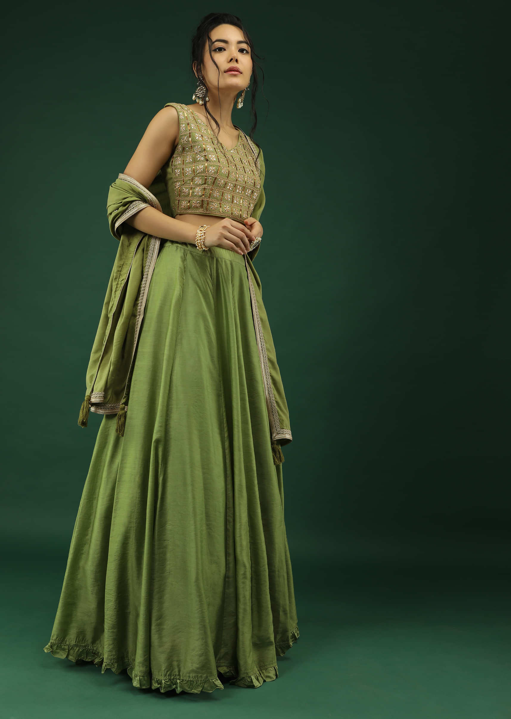 Nature Green Skirt And Crop Top Set With Zari And Sequins Embroidered Checks Design 