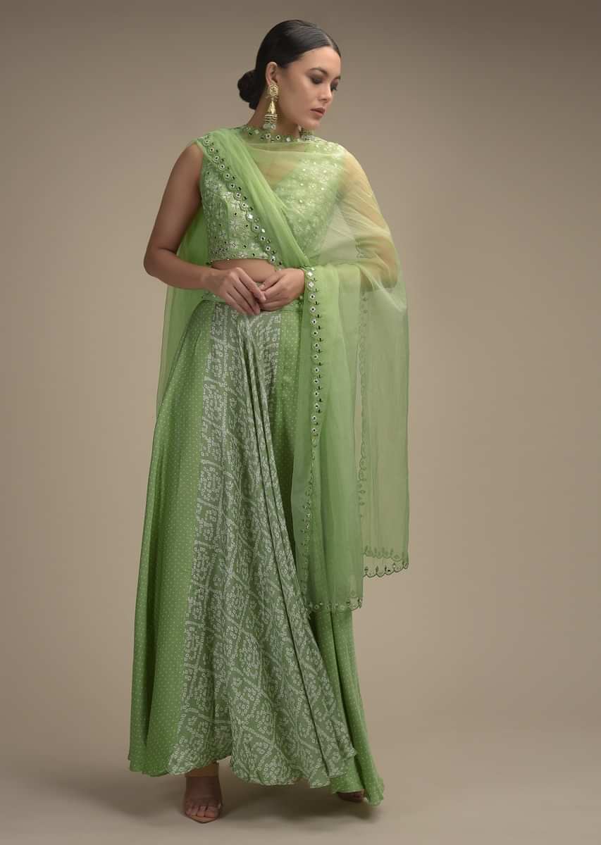 Pastel Green Skirt In Satin Blend With Bandhani Print And Abla Embroidered Crop Top 