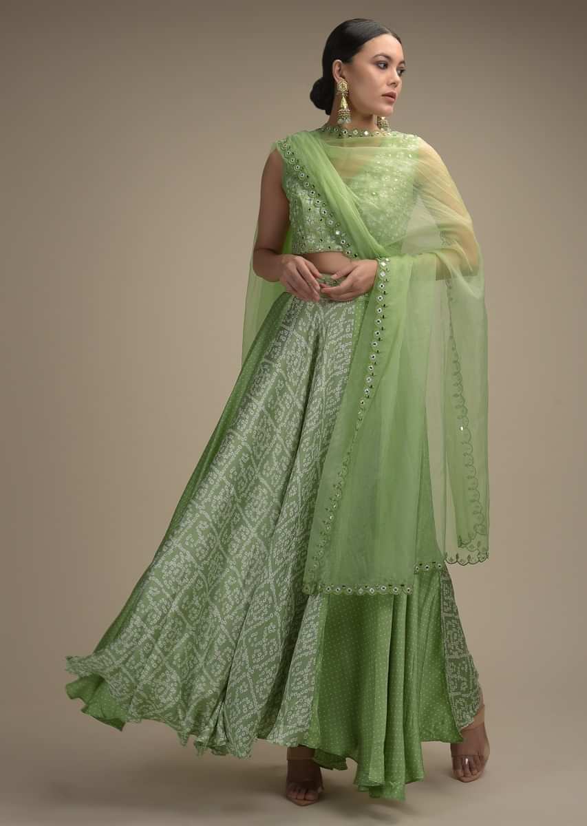 Pastel Green Skirt In Satin Blend With Bandhani Print And Abla Embroidered Crop Top 
