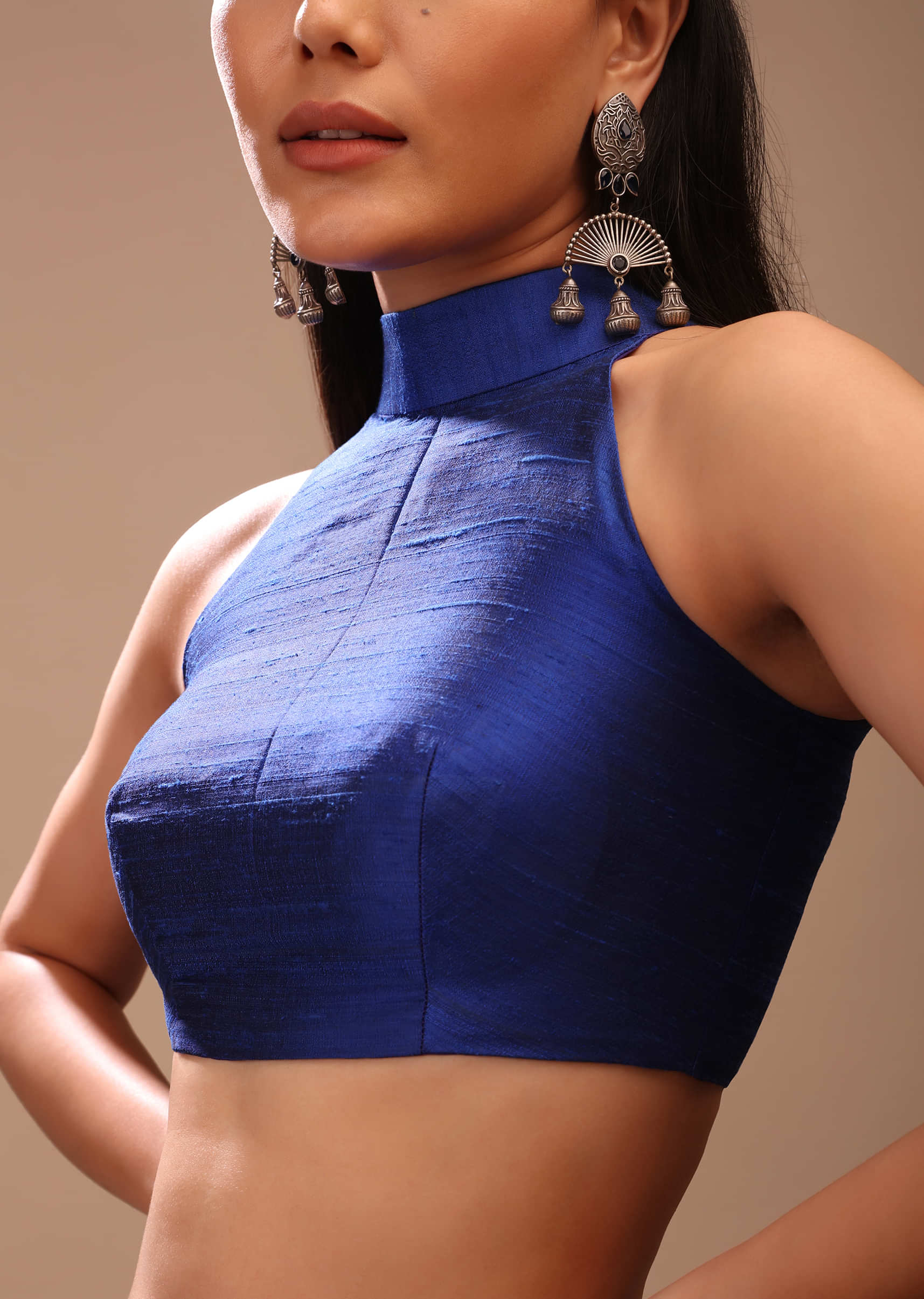 Nautical Blue Blouse In Raw Silk With High Collar Halter Neckline And Back Zip Closure