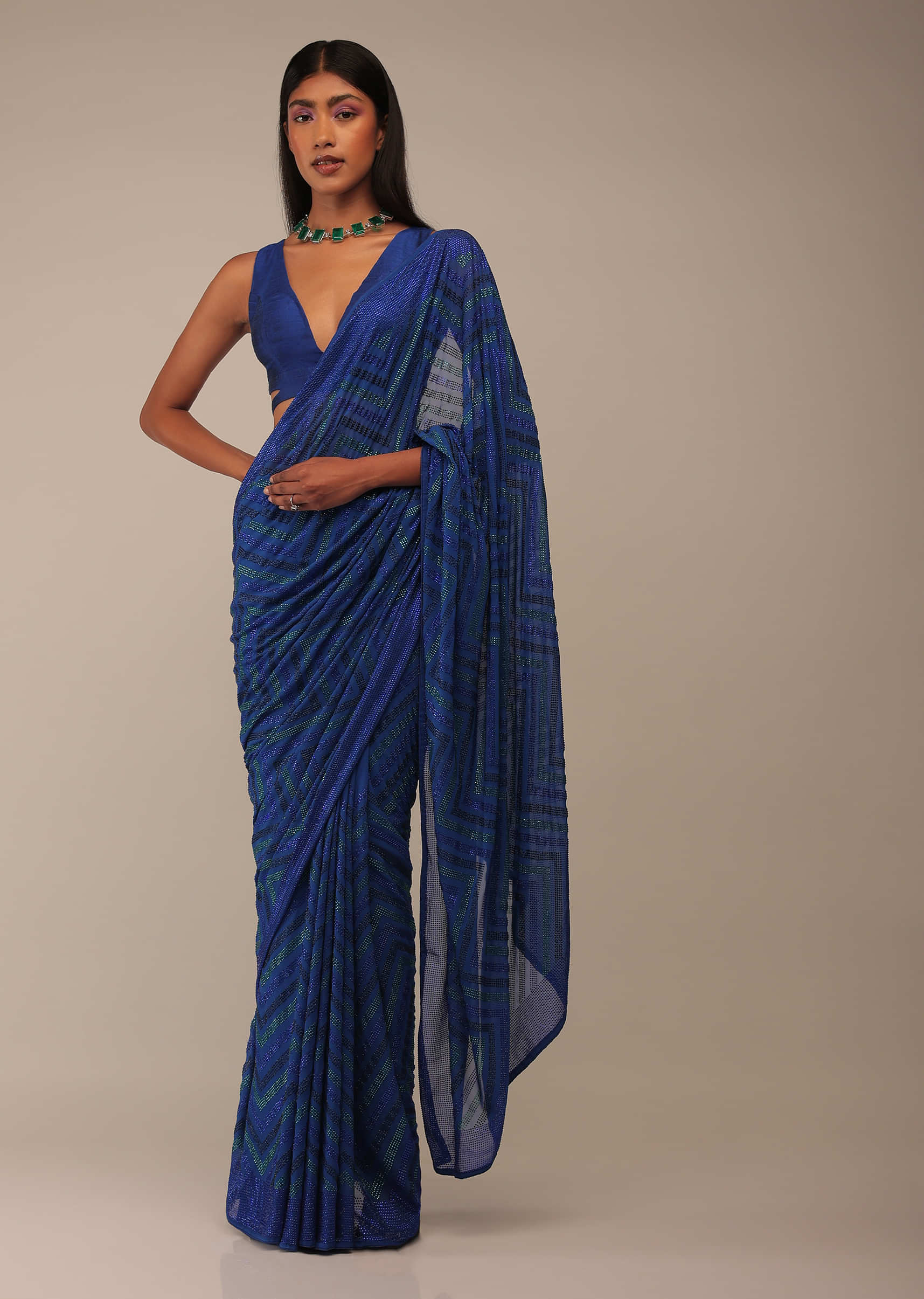 Nautical Blue Saree In Multi-Color Stones Embellishment, Crafted In Chiffon