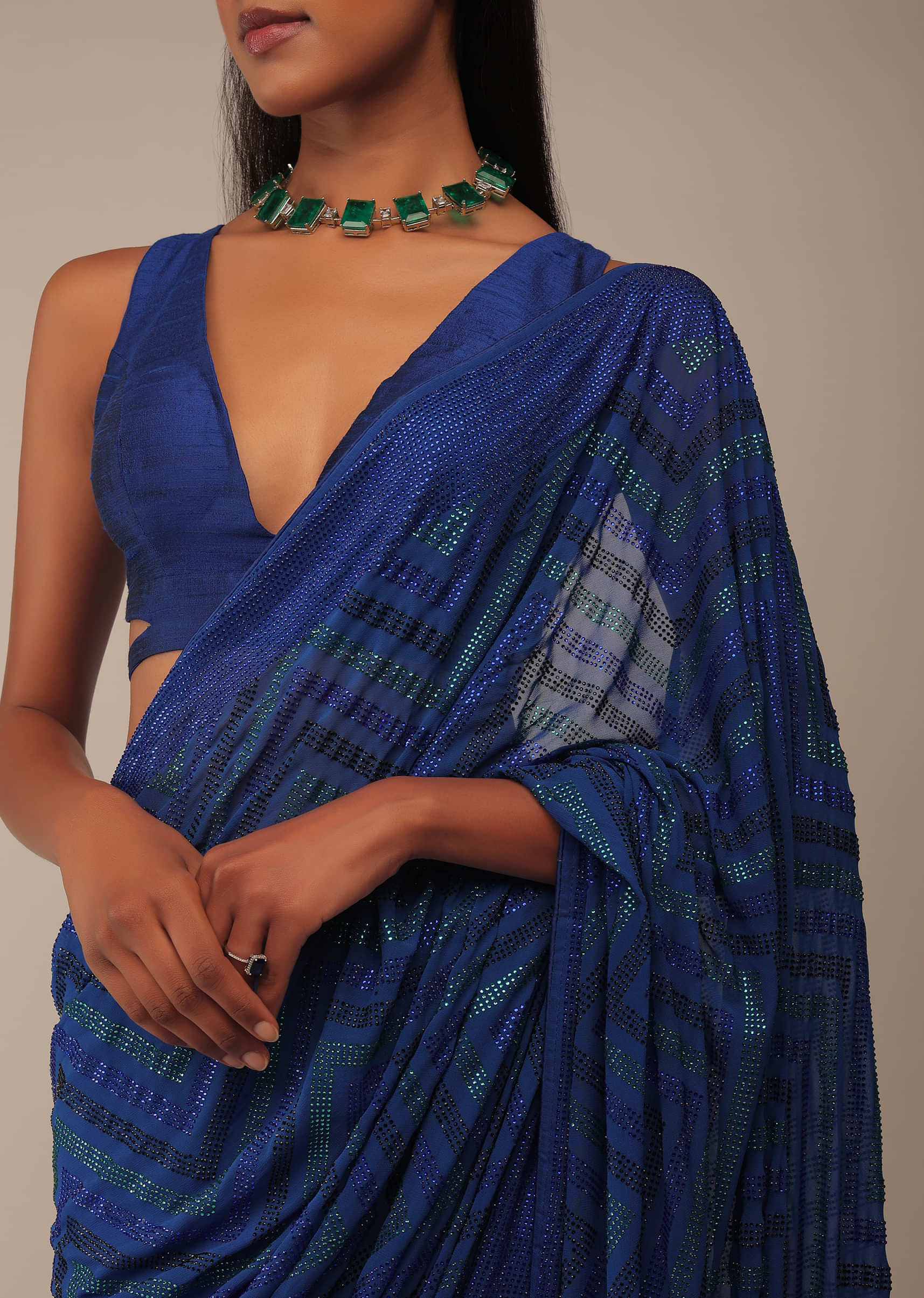 Nautical Blue Saree In Multi-Color Stones Embellishment, Crafted In Chiffon