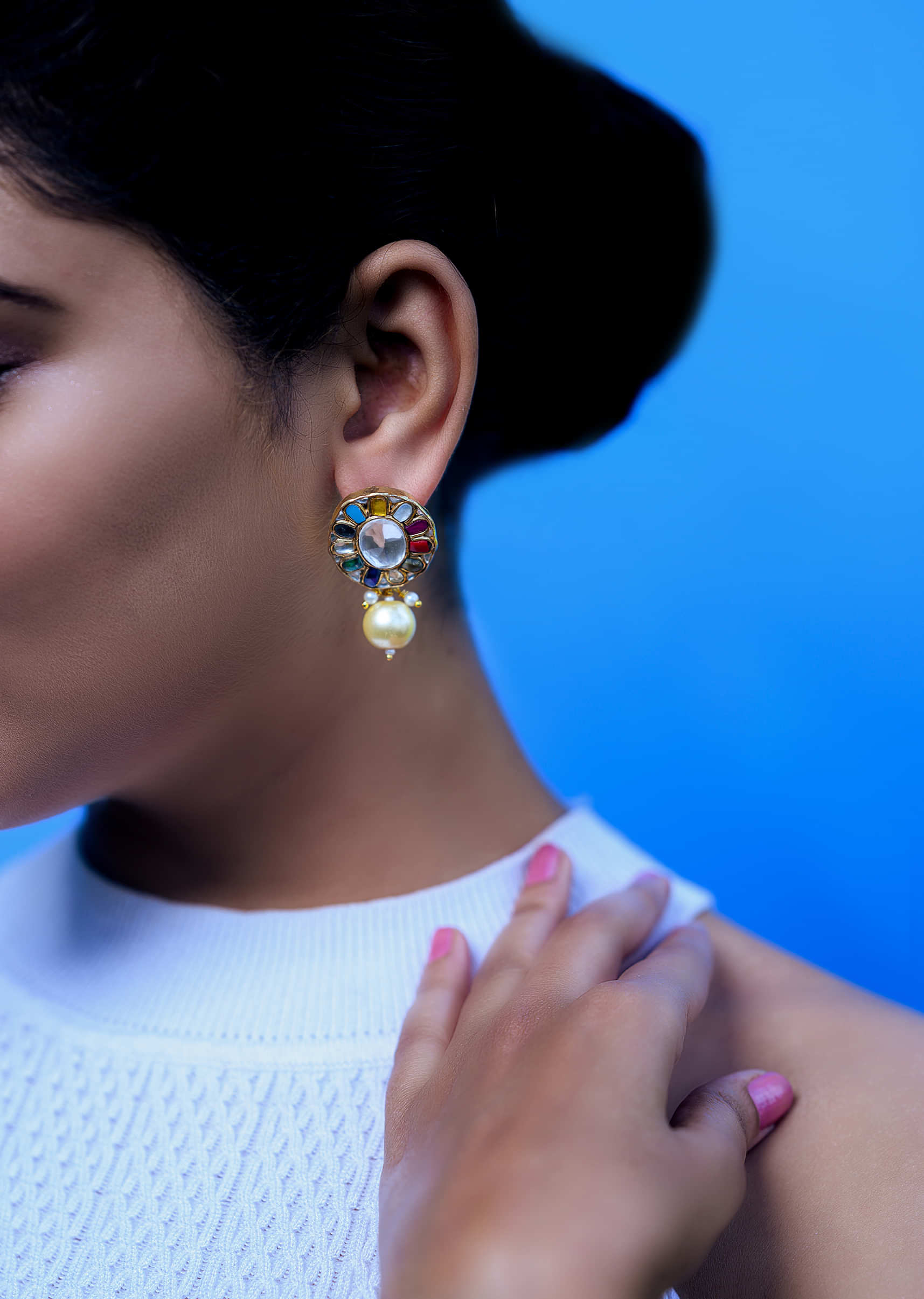 Navratna Pachi Kundan Earrings With Faux Pearls By Tizora