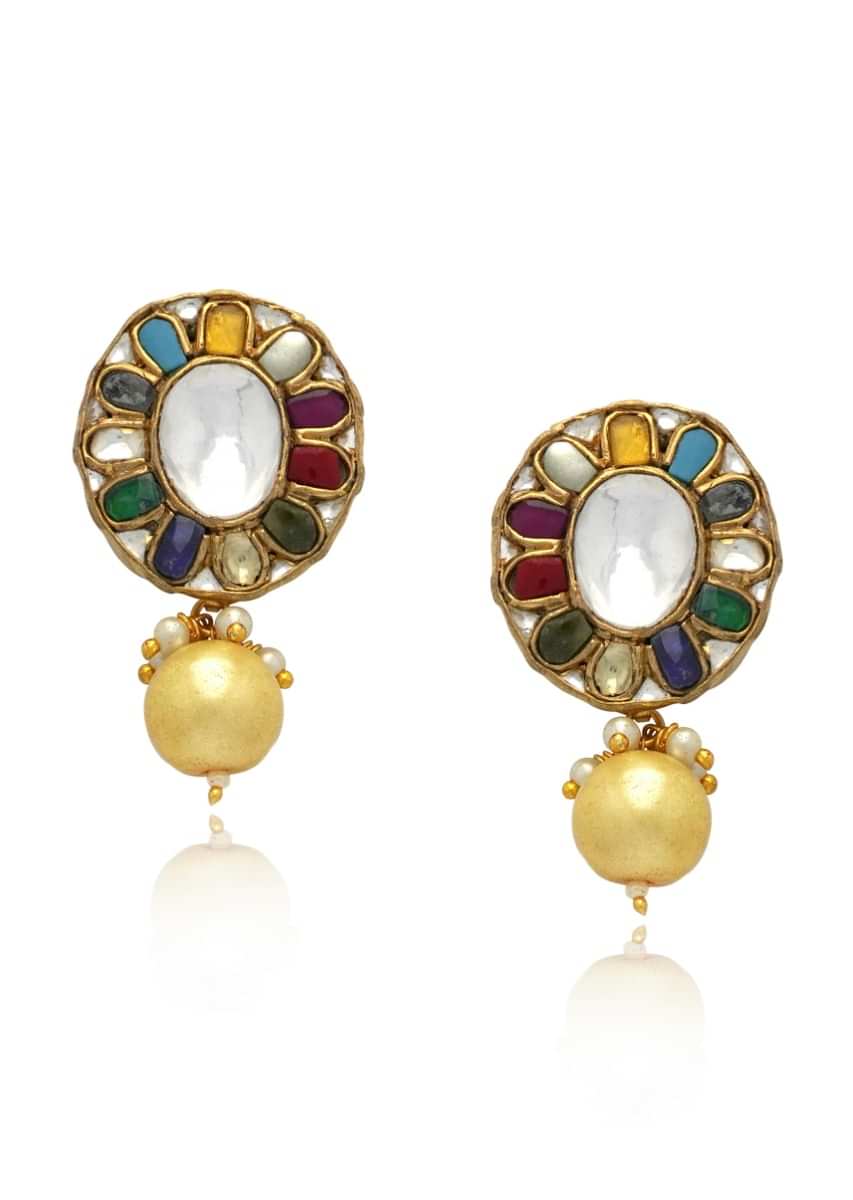 Navratna Pachi Kundan Earrings With Faux Pearls By Tizora