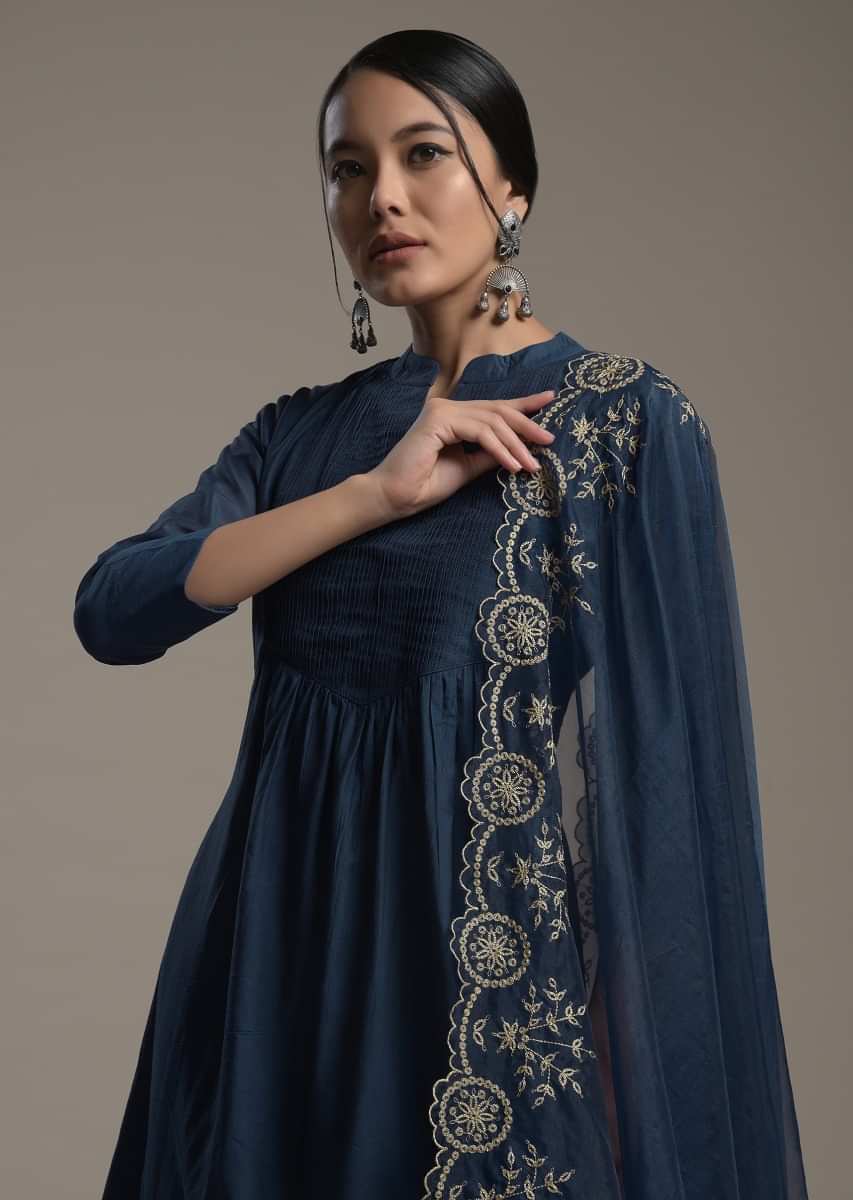 Navy Blue A Line Suit In Cotton With Pin Tucks Detailing And Teamed With A Zari Embroidered Organza Dupatta Online - Kalki Fashion