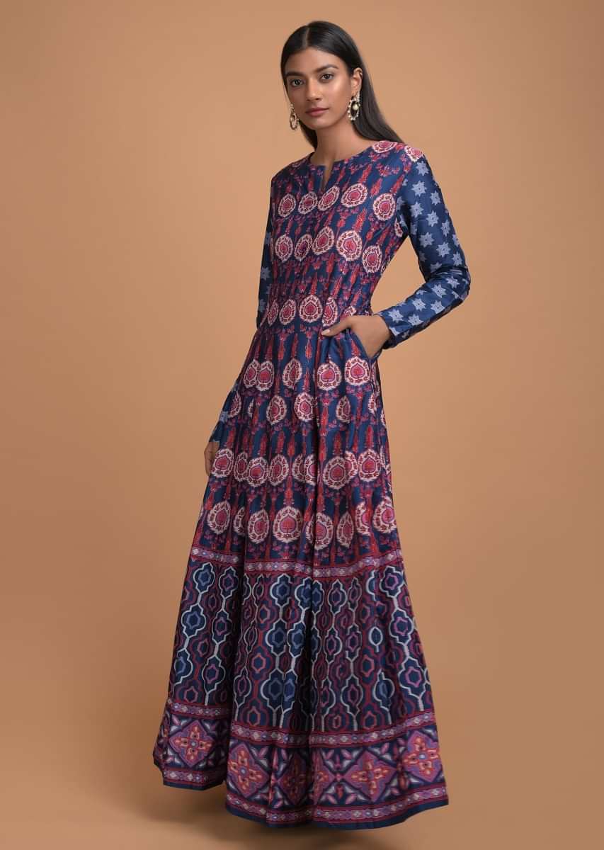 Buy Navy Blue Anarkali Dress In Cotton With Floral Motifs In Repeat ...