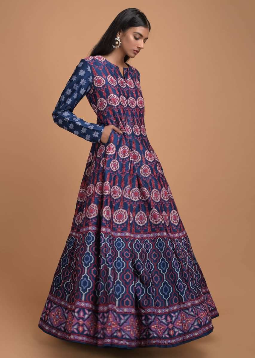 Buy Navy Blue Anarkali Dress In Cotton With Floral Motifs In Repeat ...