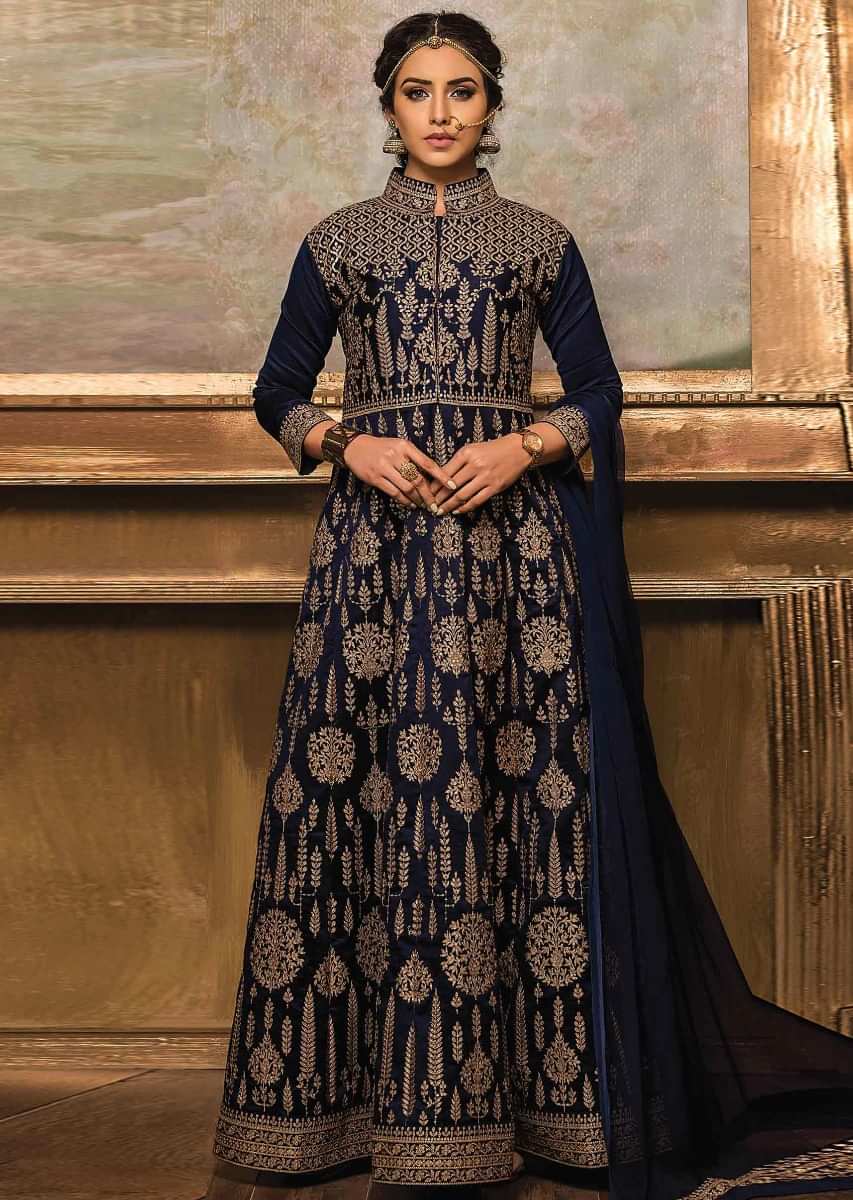 Navy Blue Anarkali Suit Embellished In Zari And Sequin Embroidery All Over Online - Kalki Fashion