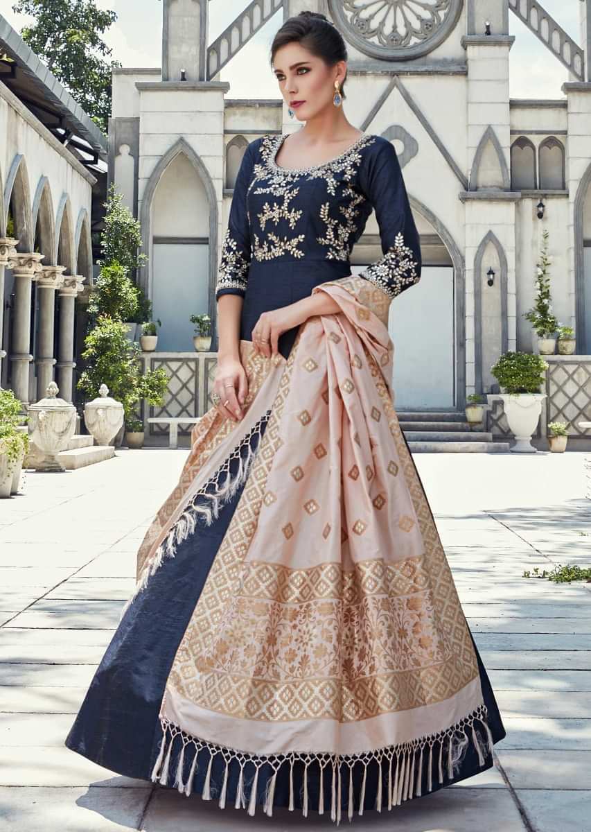 Navy Blue Anarkali Suit In Raw Silk With Embroidered Bodice And Sleeve Online - Kalki Fashion