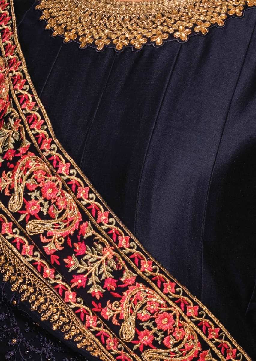 Navy blue anarkali suit in raw silk with embroidered neckline and hem 