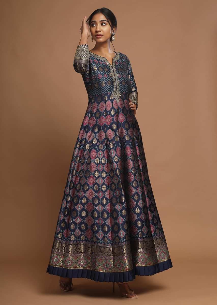 Buy Navy Blue Anarkali Suit With Brocade Patola Design And Contrasting ...