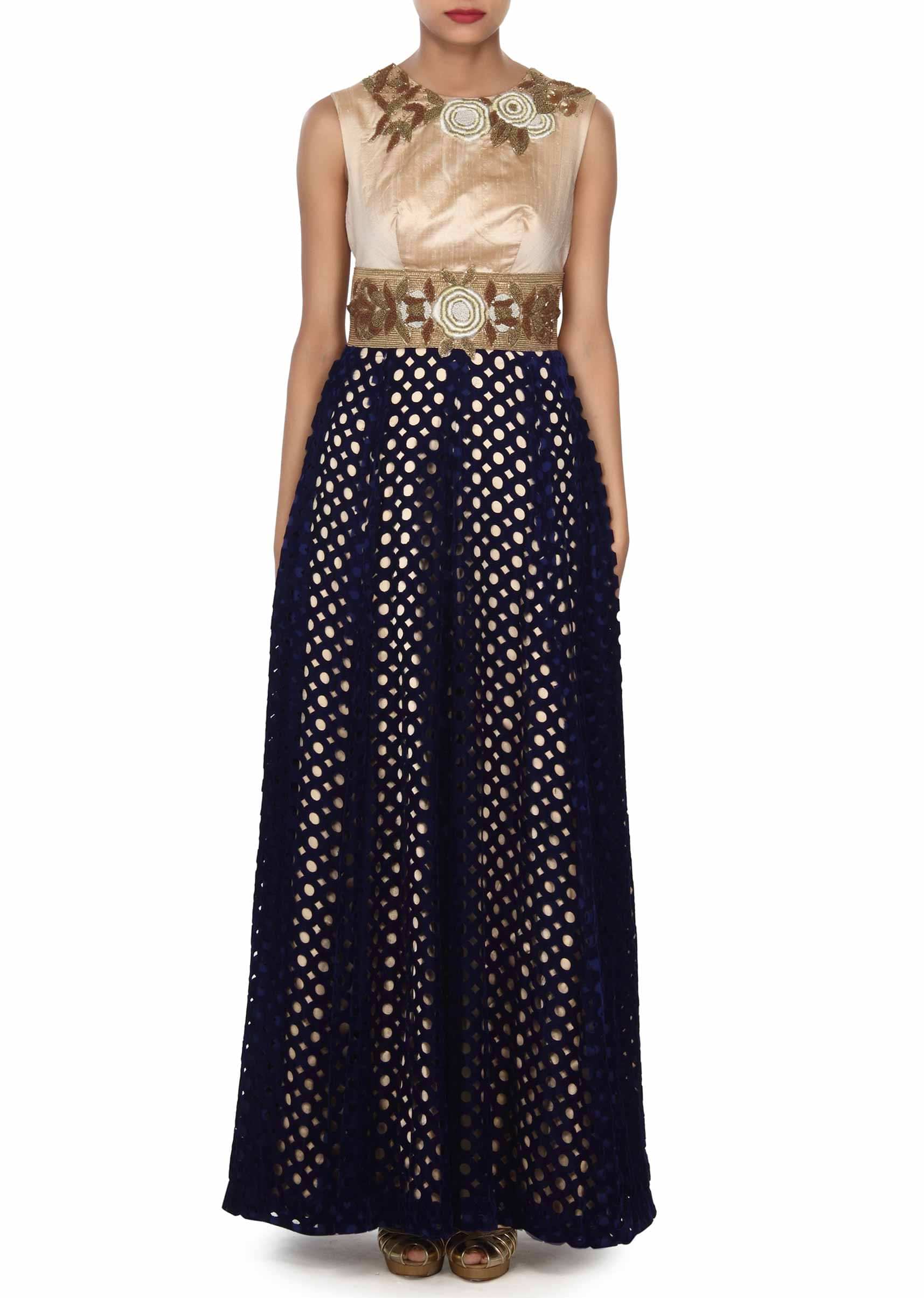 Navy blue and beige gown adorn in french knot embroidery only on Kalki