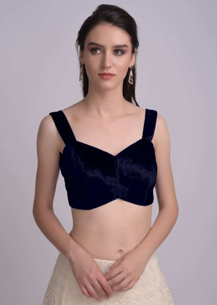 Navy blue Blouse In Velvet With Sweetheart Neckline And  Curved Hem