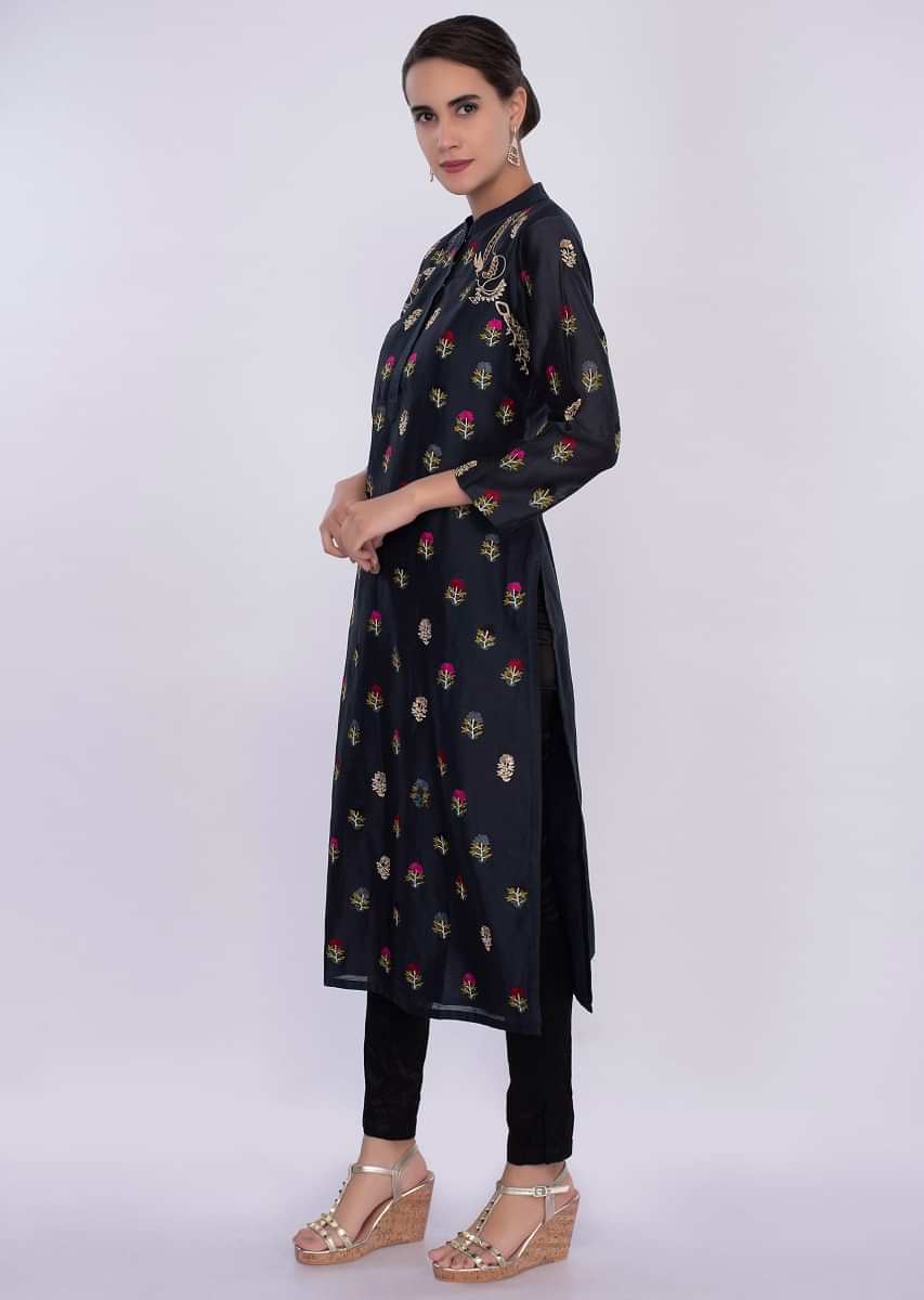Navy blue cotton kurti in multi color floral butti only on Kalki