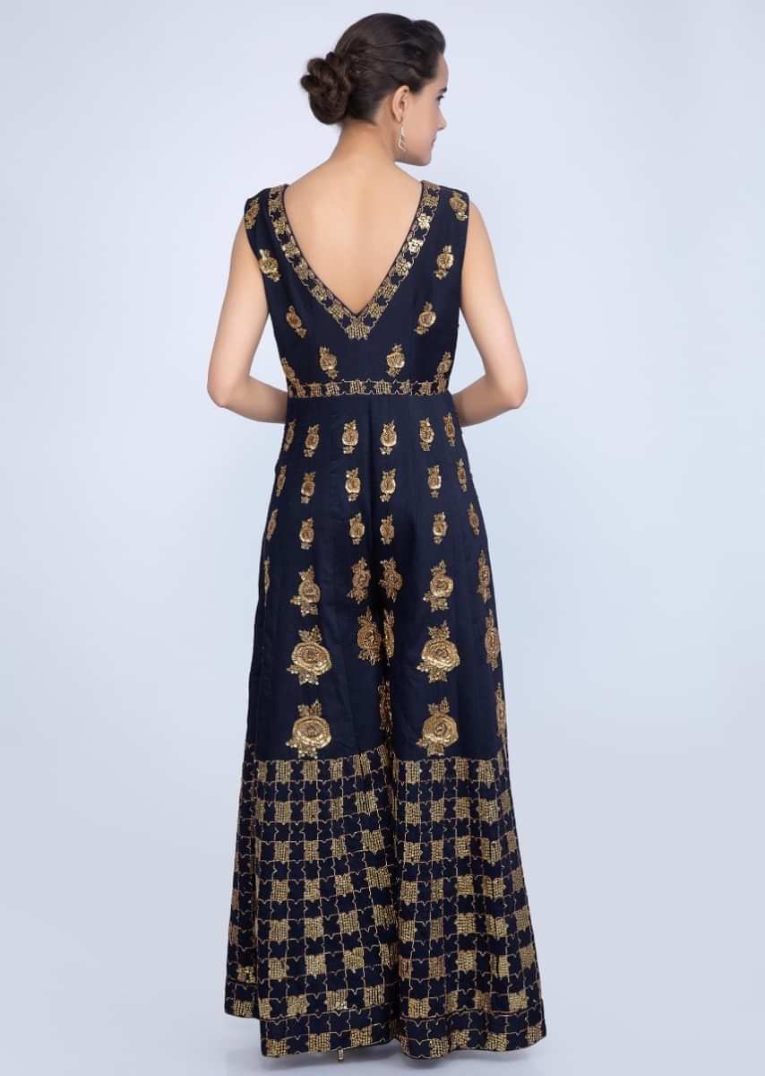 Navy blue cotton silk jumpsuit with heavy embroidery and butti only on Kalki