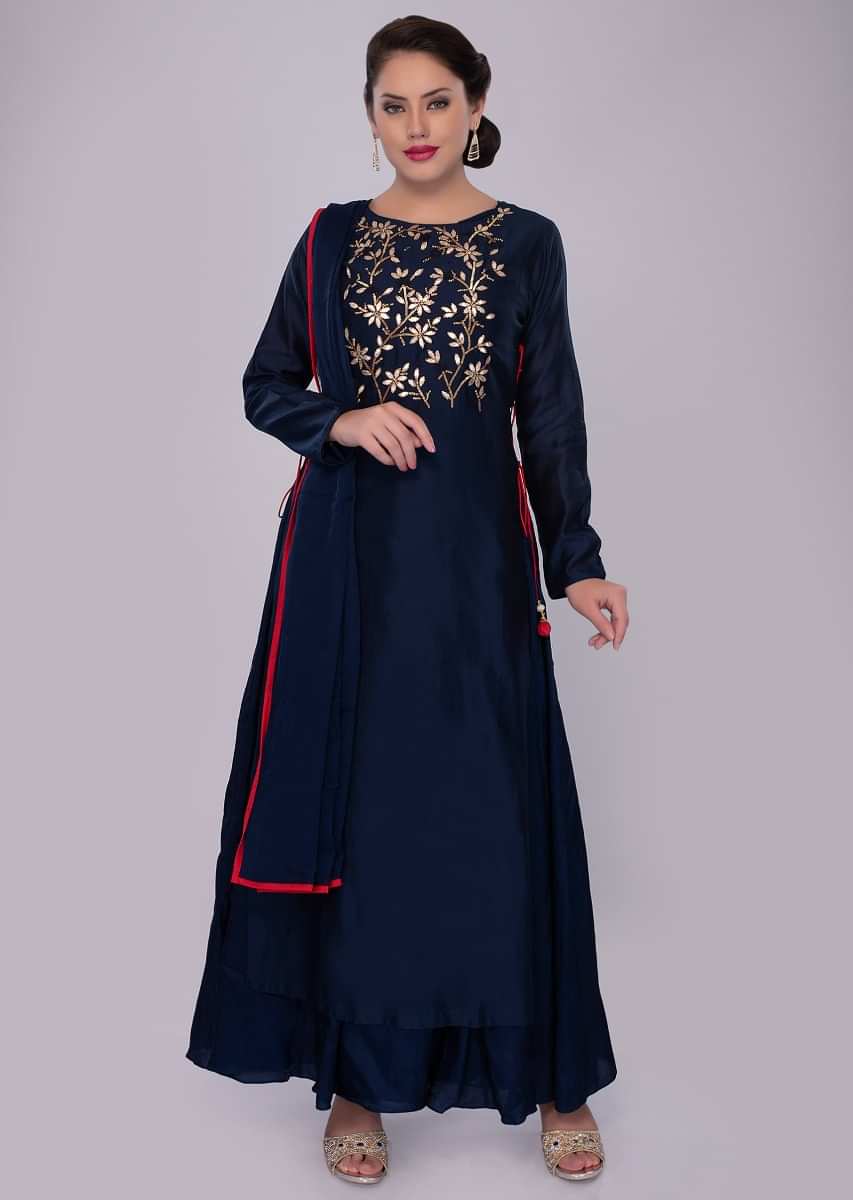 Navy blue cotton silk suit with floral embroidered top layer
