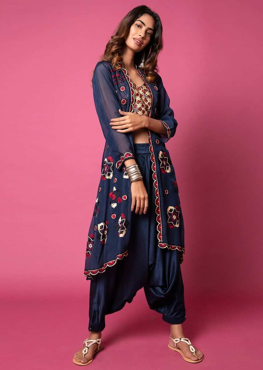 Navy Blue Crop Top And Cowl Pants Set With Ajrakh Print And A Mandala Aari Embroidered Jacket  