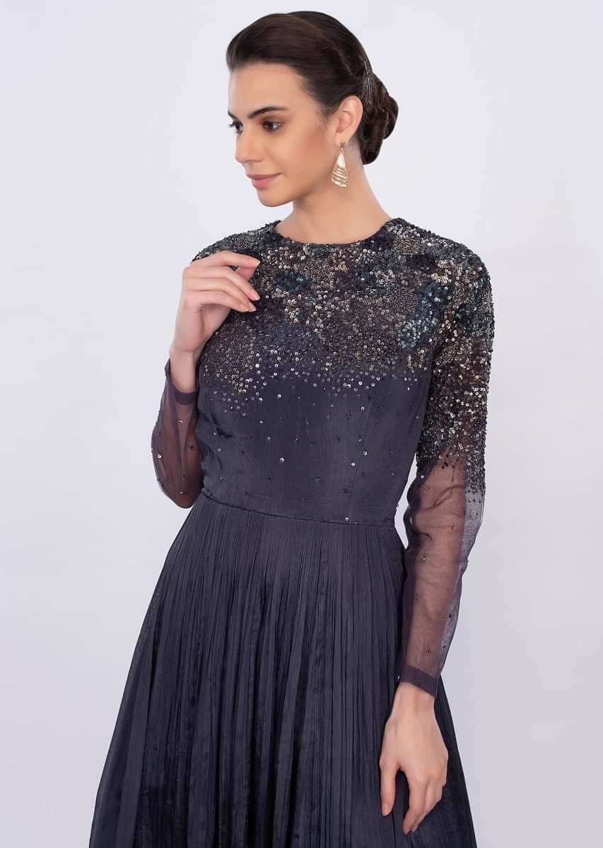 Navy blue crushed chiffon gown with heavy sequins work only on Kalki