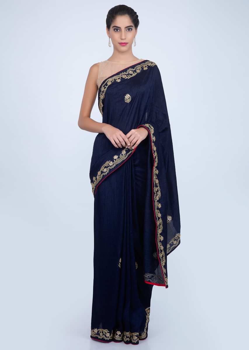 Navy blue dupion silk saree with cut dana and sequins embroidery and butti only on kalki