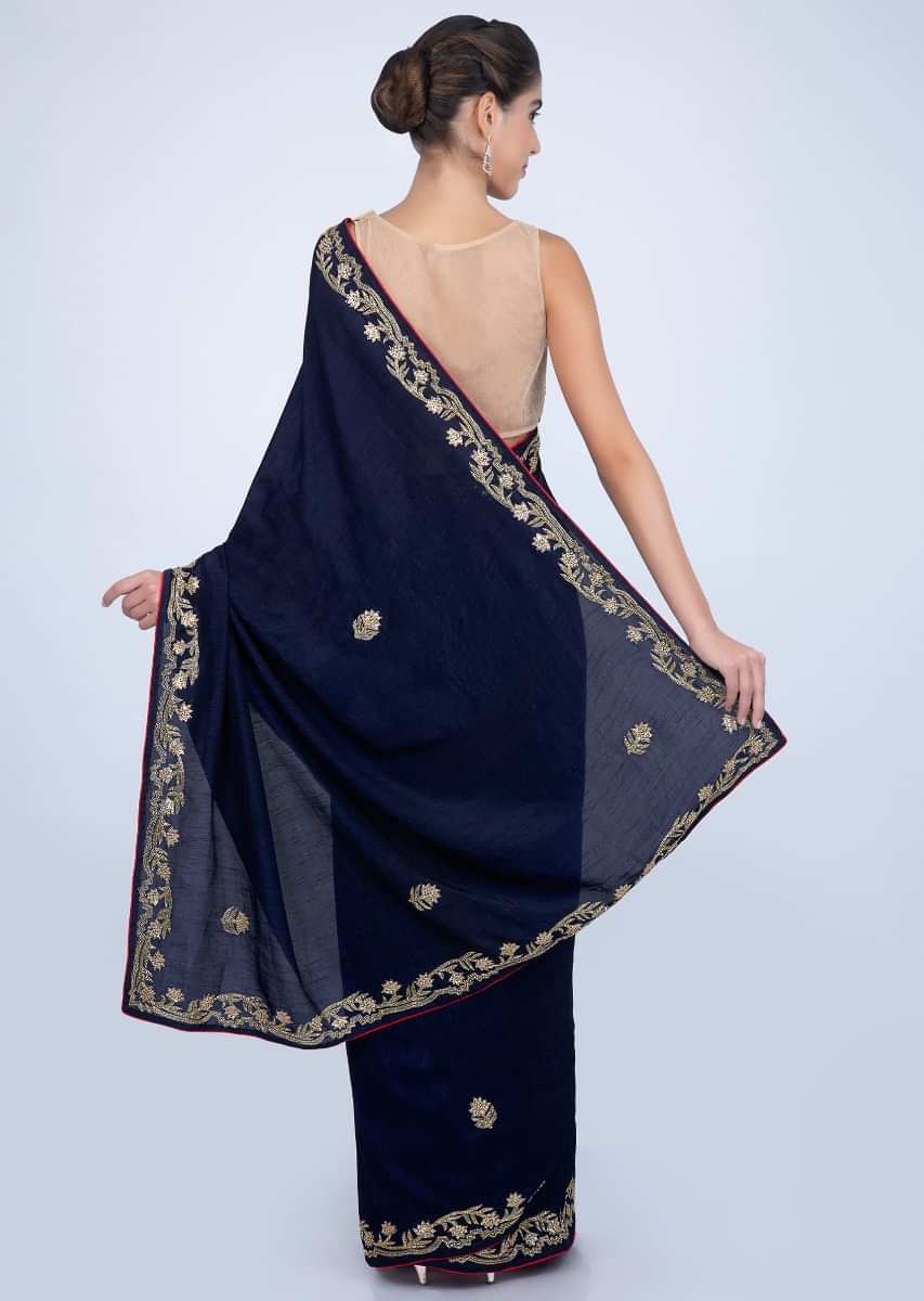Navy blue dupion silk saree with cut dana and sequins embroidery and butti only on kalki