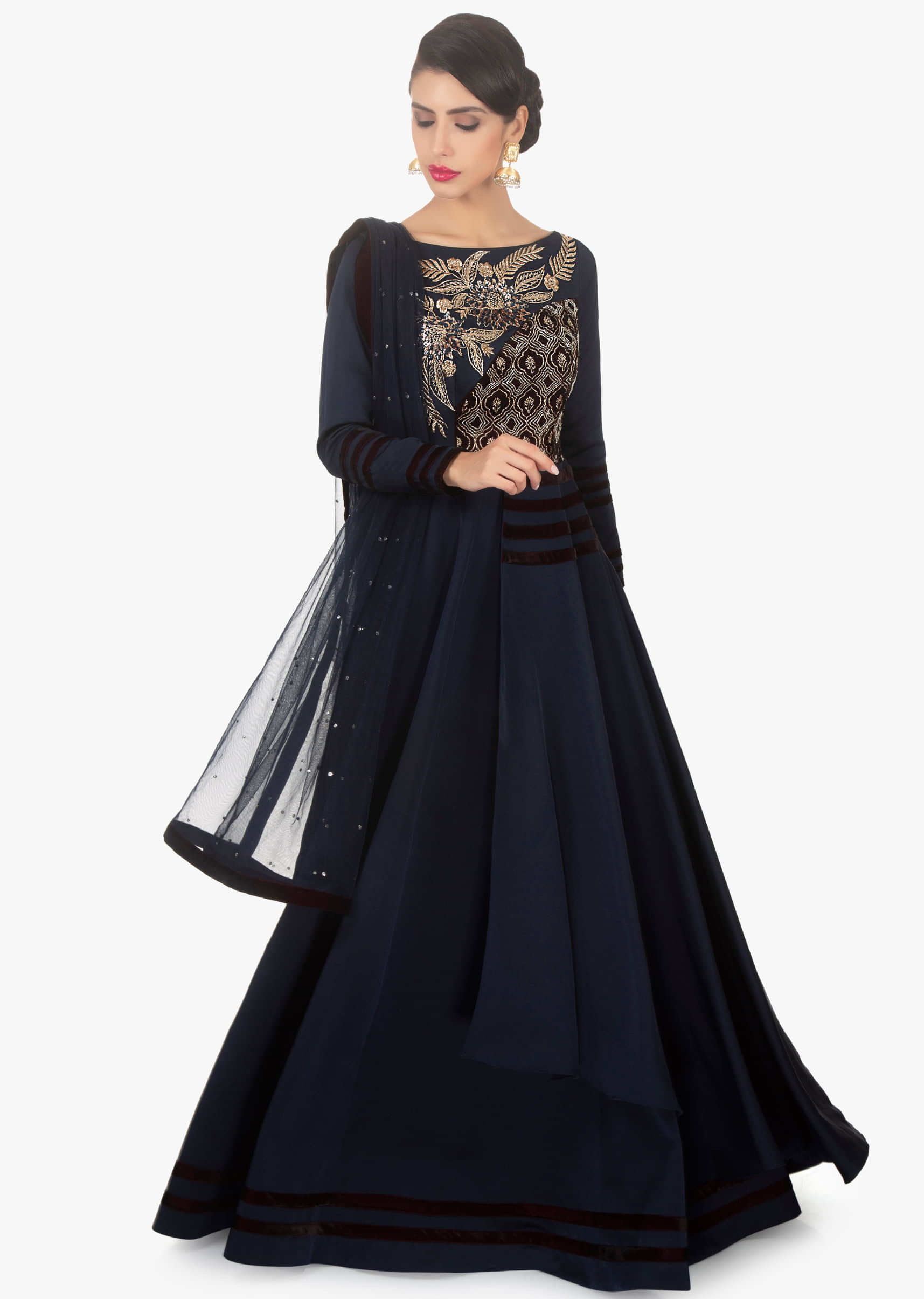 Navy blue duplin silk and velvet suit paired with a matching net dupatta