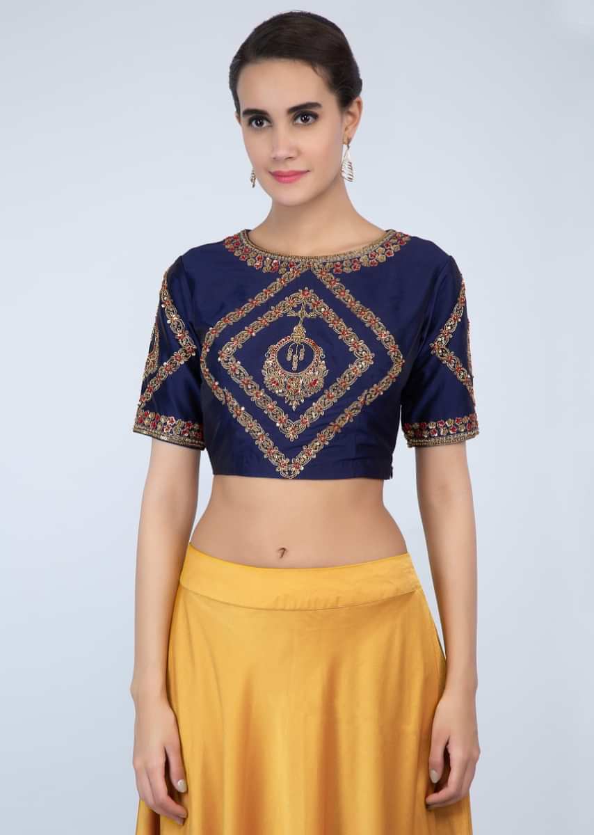 Navy Blue Blouse Embroidery Teamed With Mustard Lehenga And Pre- Stitched Ready Pleated Dupatta Online - Kalki Fashion