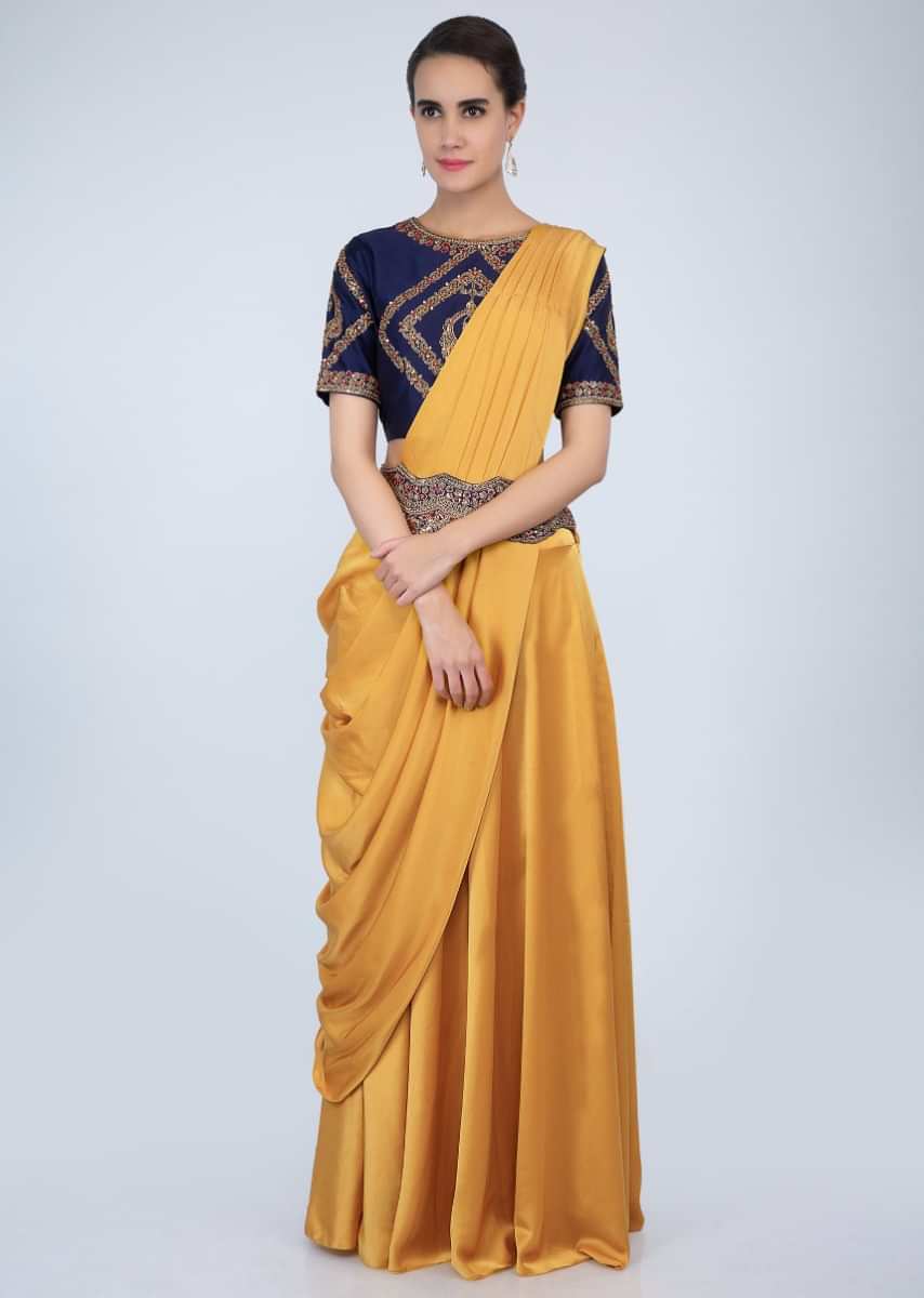 Navy Blue Blouse Embroidery Teamed With Mustard Lehenga And Pre- Stitched Ready Pleated Dupatta Online - Kalki Fashion