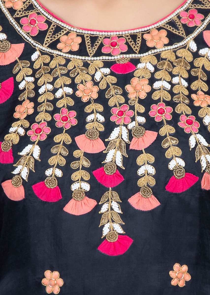 Navy blue floral embroidered sharara suit set with pink shaded net dupatta only on kalki