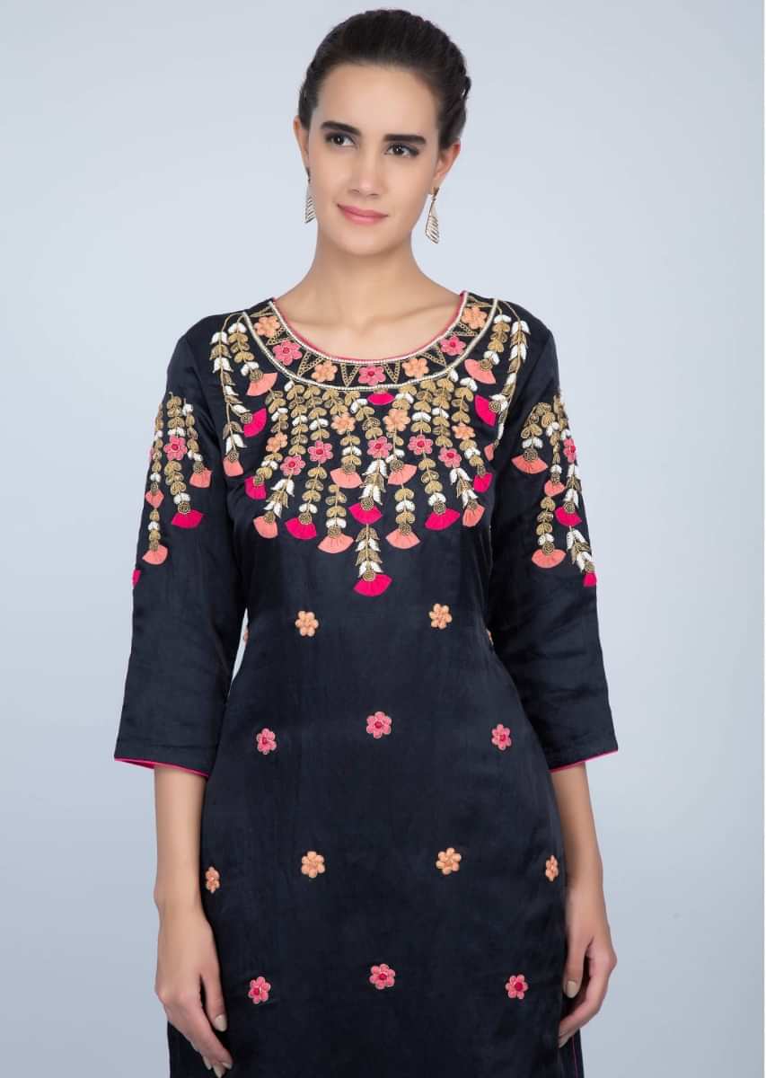 Navy blue floral embroidered sharara suit set with pink shaded net dupatta only on kalki