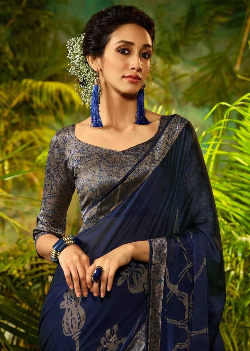 Navy blue saree with hotsell golden blouse