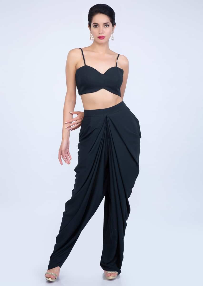 Navy Blue Dhoti And Bustier In Georgette Paired With Peplum Style Heavy Embroidered Jacket Online - Kalki Fashion